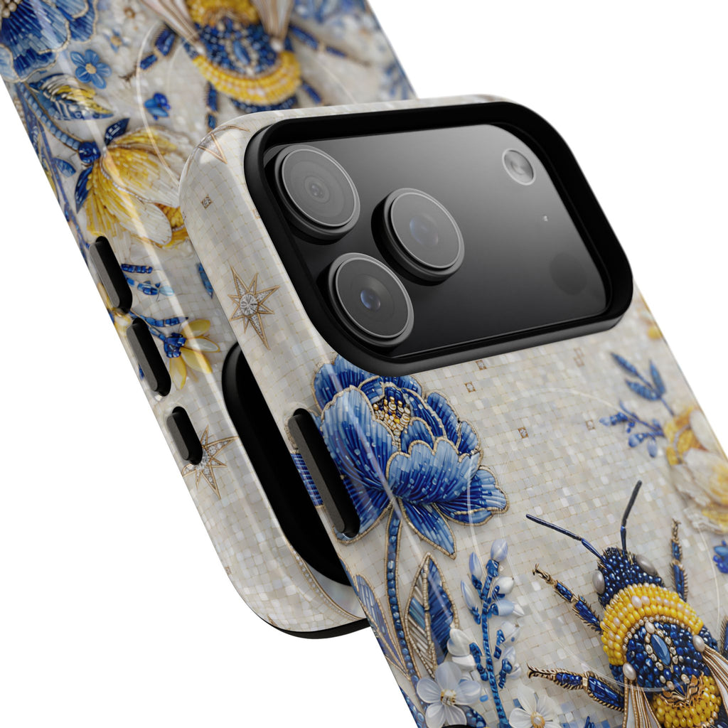 Floral Bee Tough MagSafe iPhone Case | Blue & Yellow Moon Garden Design