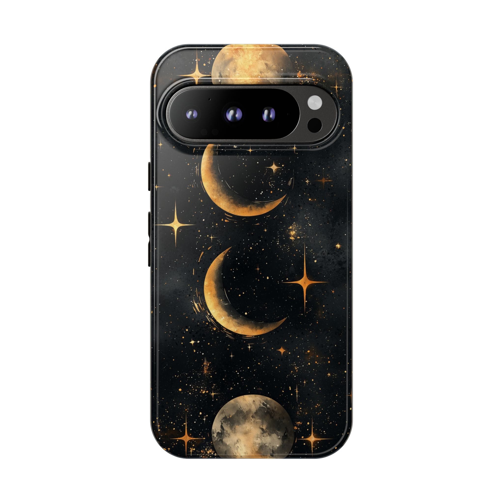 Celestial Moon Phases Tough Google Pixel Case | Gold Crescent & Full Moon Galaxy Design