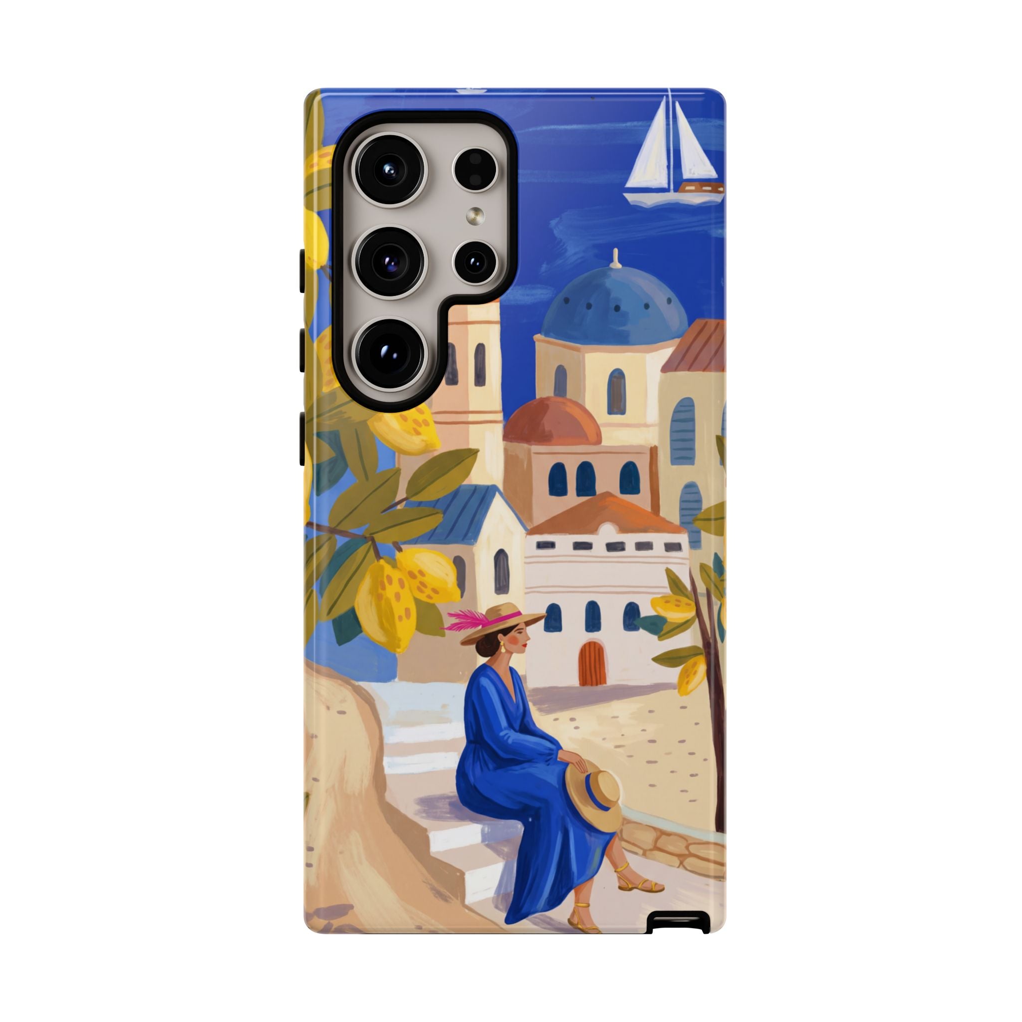 Mediterranean Village Samsung Galaxy Phone Case | Scenic Sailboat & Lemon Grove Design