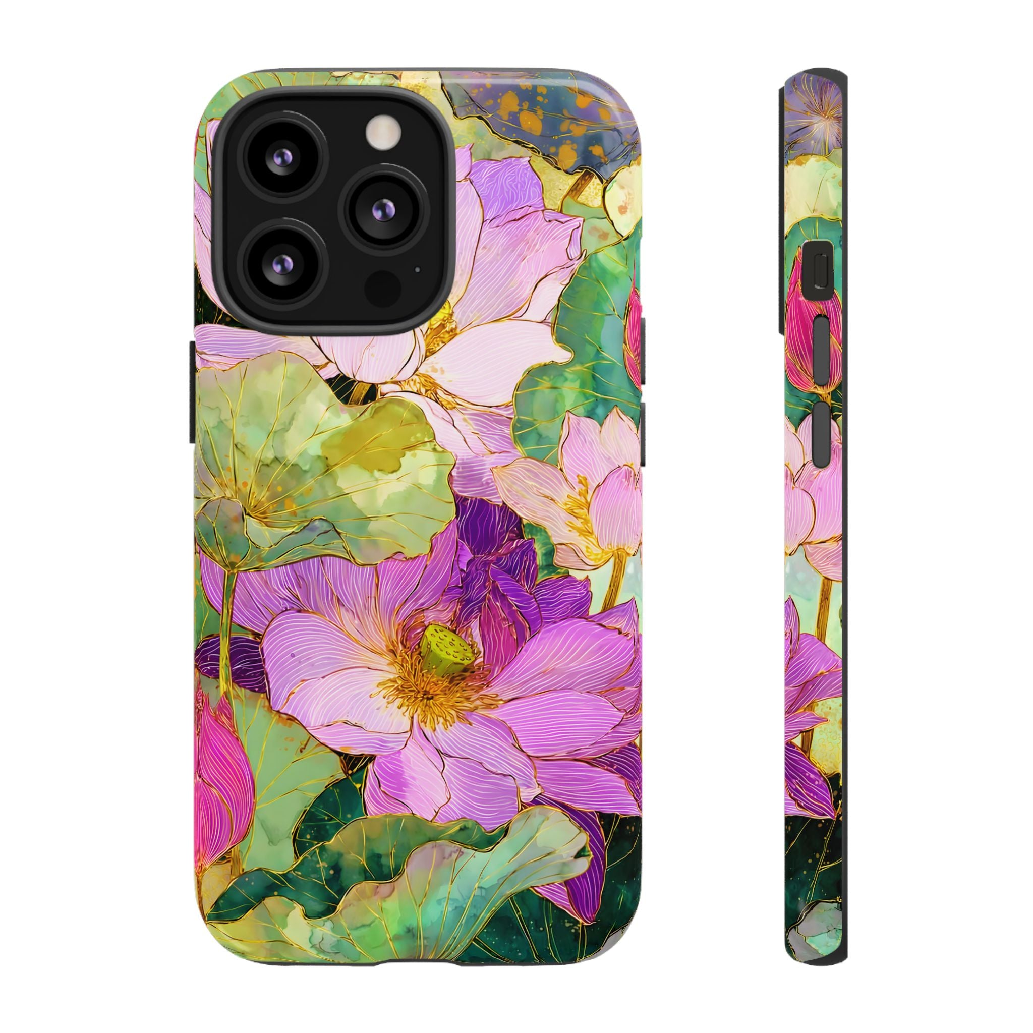 Floral Watercolor Tough iPhone Case | Pink Lotus Garden Protective Cover
