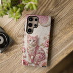Custodia per telefono Samsung Galaxy con gatto floreale vintage | Cover per telefono con luna rosa e rose