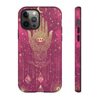 Mystic Hamsa iPhone Case | Gold Palm & All-Seeing Eye on Magenta Galaxy