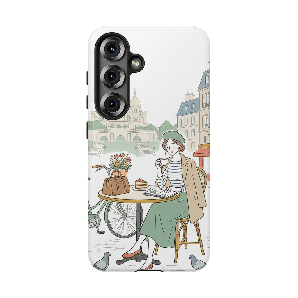 Paris Cafe Illustration Samsung Galaxy Phone Case | Vintage Bicycles & Pigeons Protective Cover