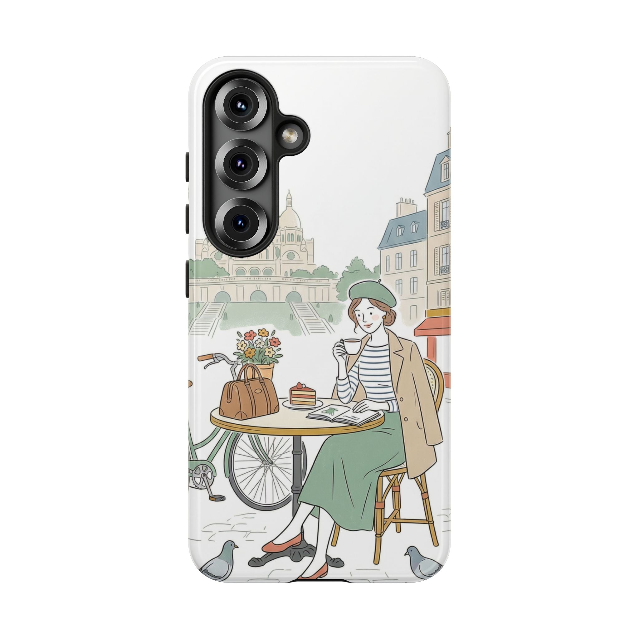 Paris Cafe Illustration Samsung Galaxy Phone Case | Vintage Bicycles & Pigeons Protective Cover