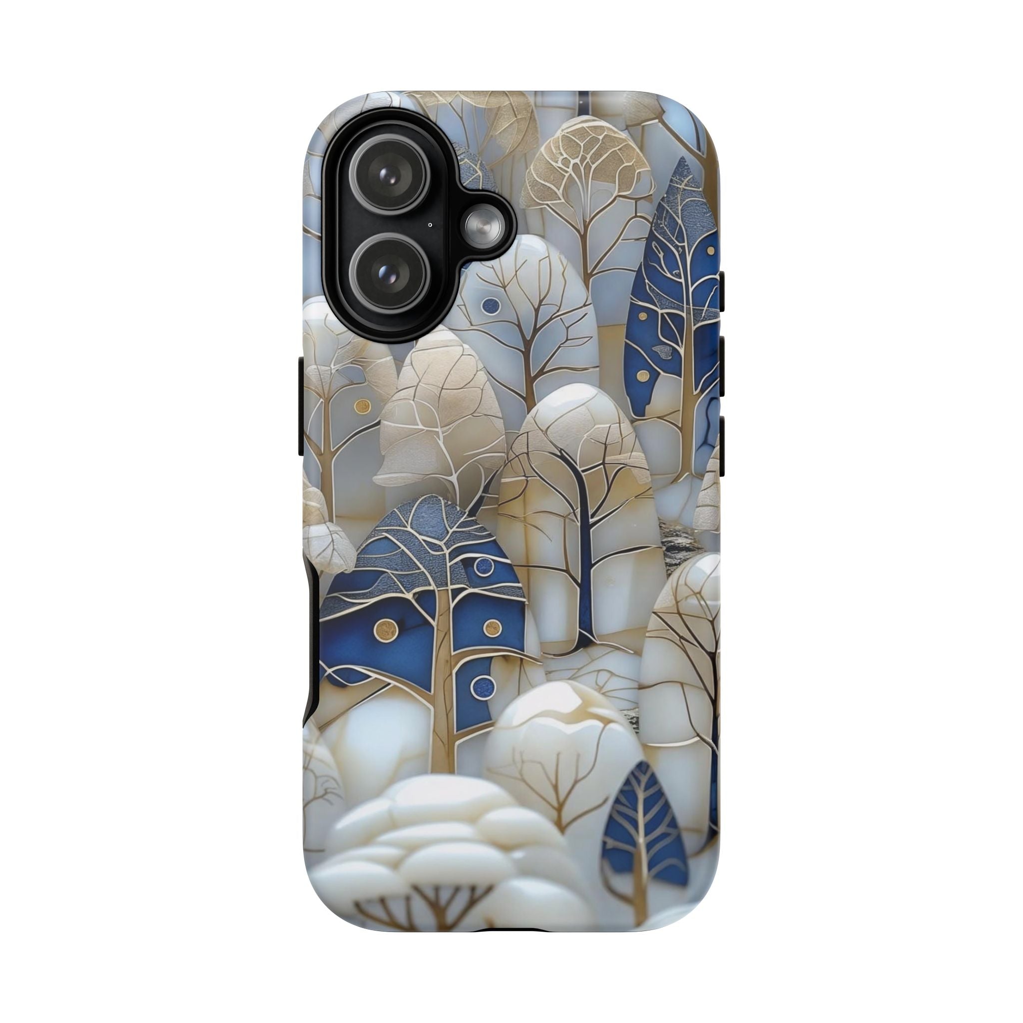 Blue Gold Winter Forest iPhone Case — Elegant Tree Pattern Tough Case