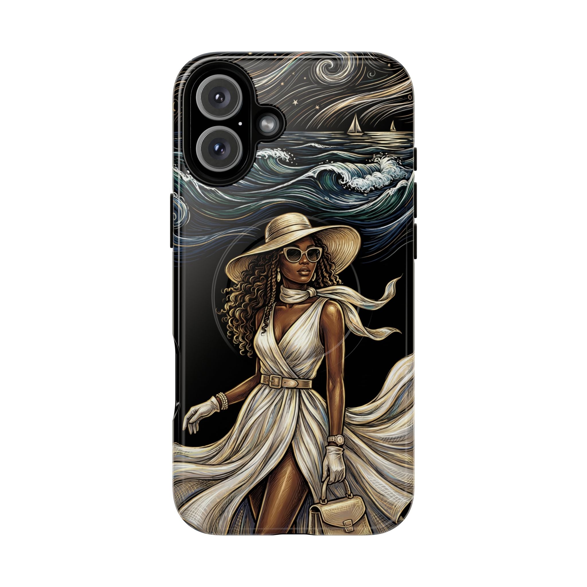 MagSafe iPhone Case | Elegant Black Woman in Flowing Dress by the Sea