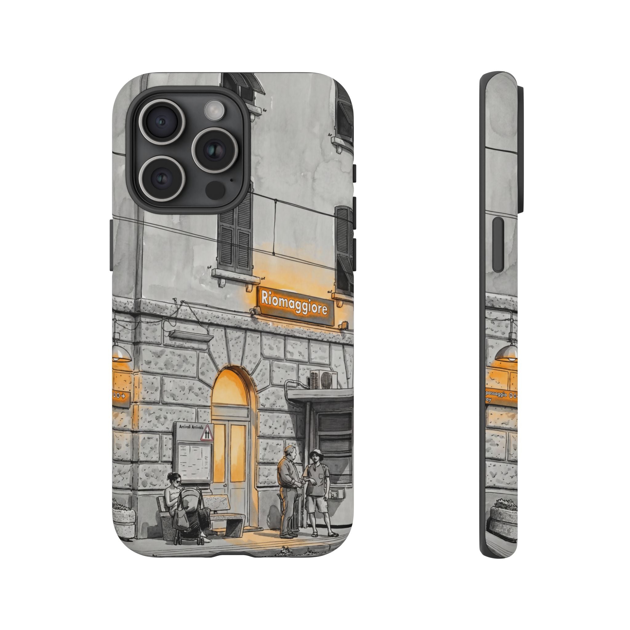 Cinque Terre Train Station iPhone Case | Black & White Sketch with Warm Yellow Accents