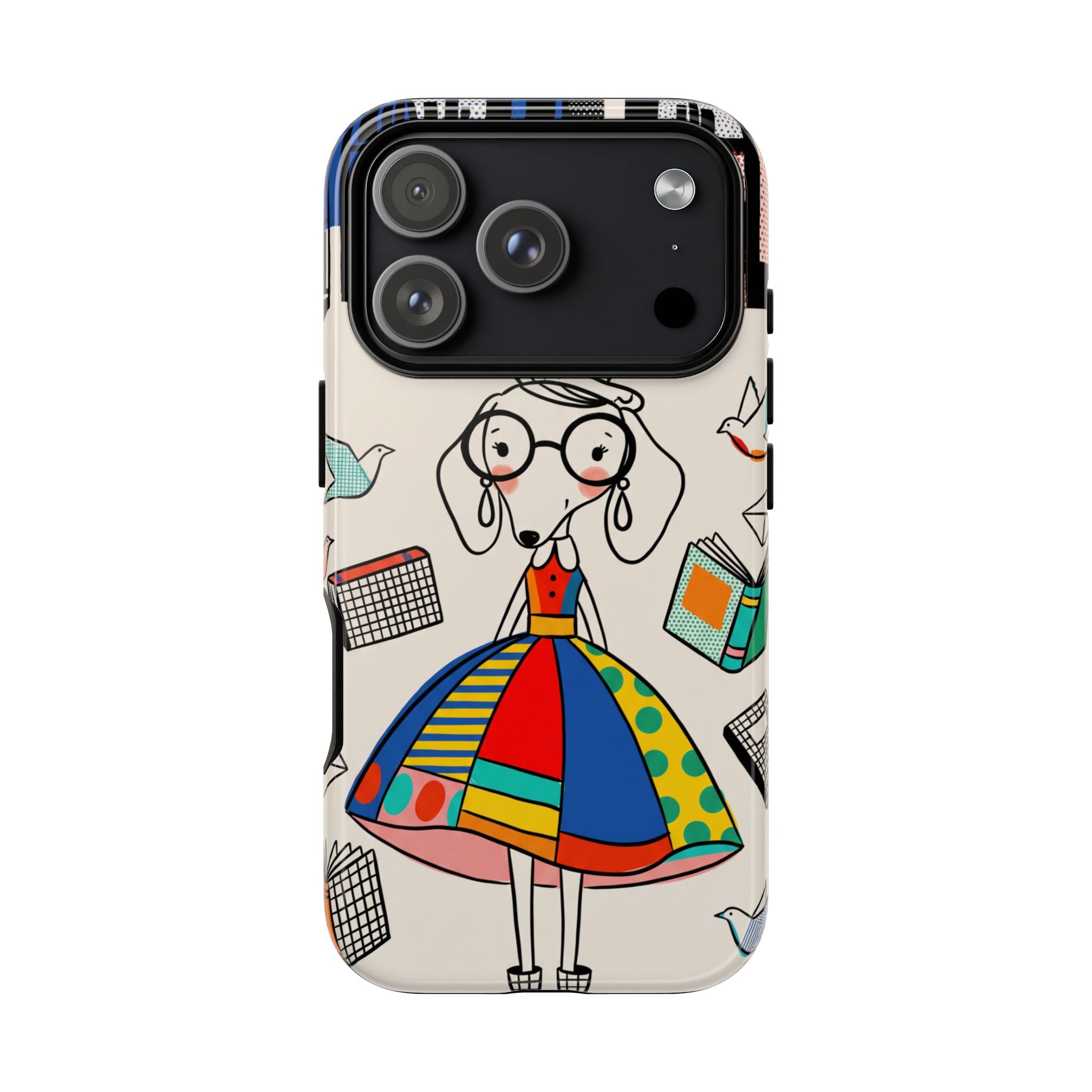 Cute Dachshund Dog Illustration iPhone Case | Colorful Whimsical Book & Bird Design