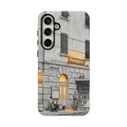 Custodia per Samsung Galaxy con stazione ferroviaria Cinque Terre | Schizzo in bianco e nero con accenti gialli caldi