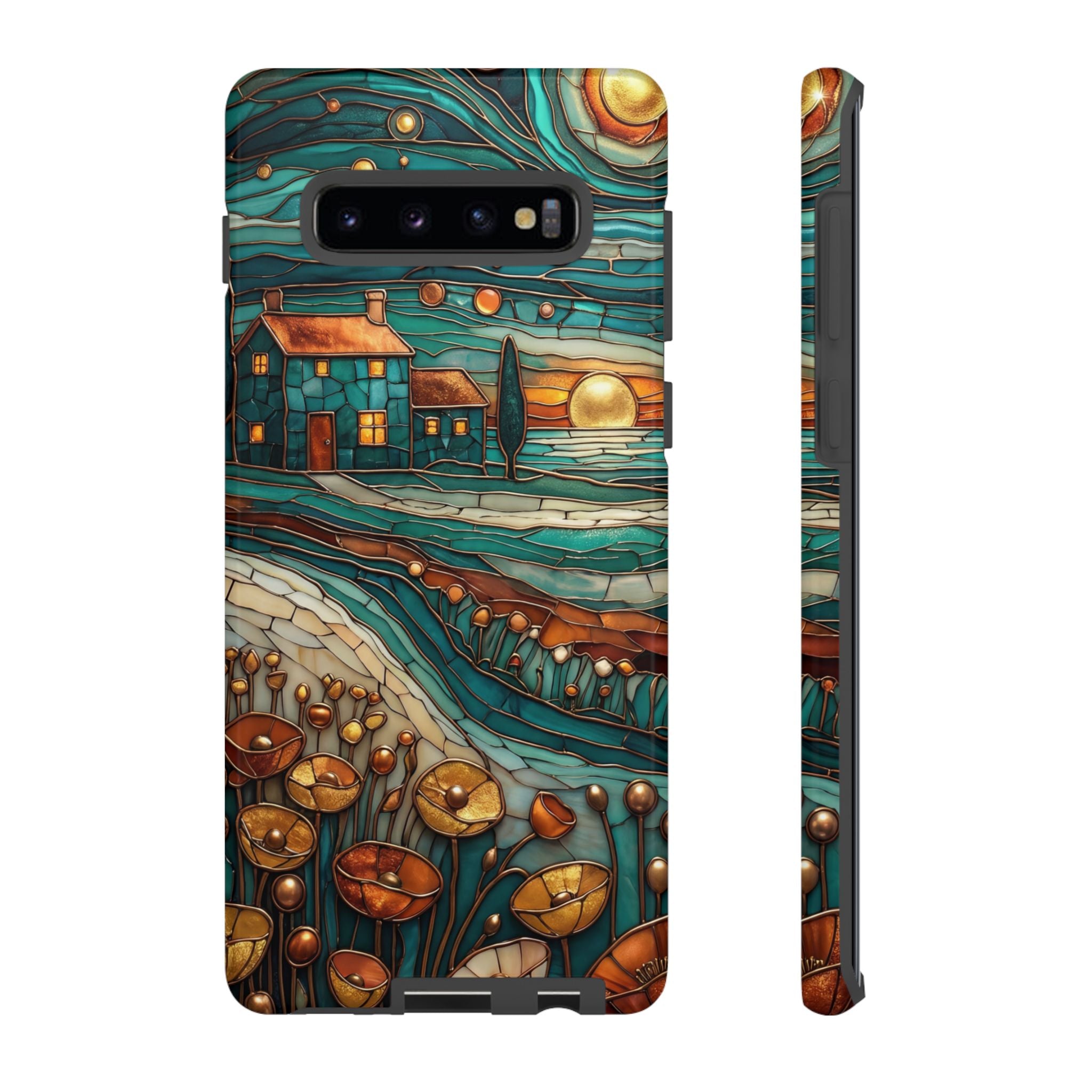 Artistic Sunset Cottage Samsung Galaxy Case | Whimsical Floral Landscape Protective Cover