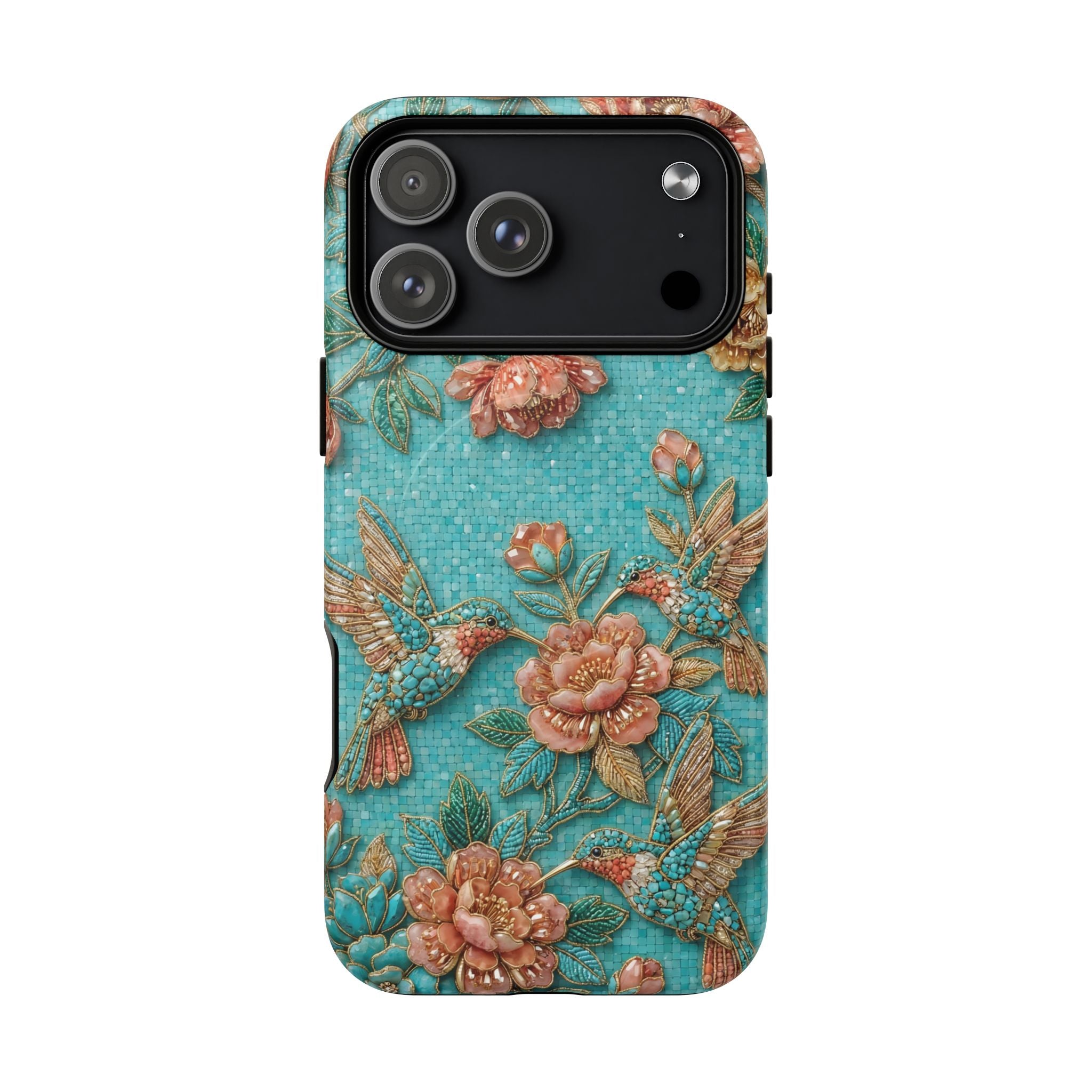 Floral Hummingbird Tough MagSafe iPhone Case | Turquoise Embroidered Garden Design