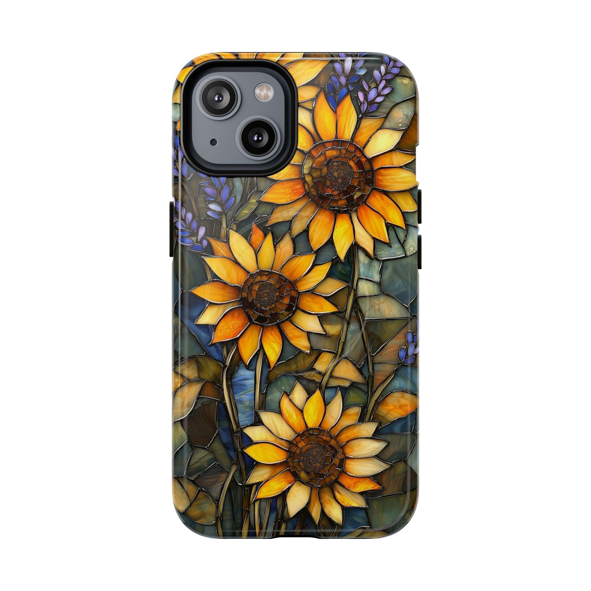 Custodia MagSafe resistente per iPhone con motivo a girasole in vetro colorato