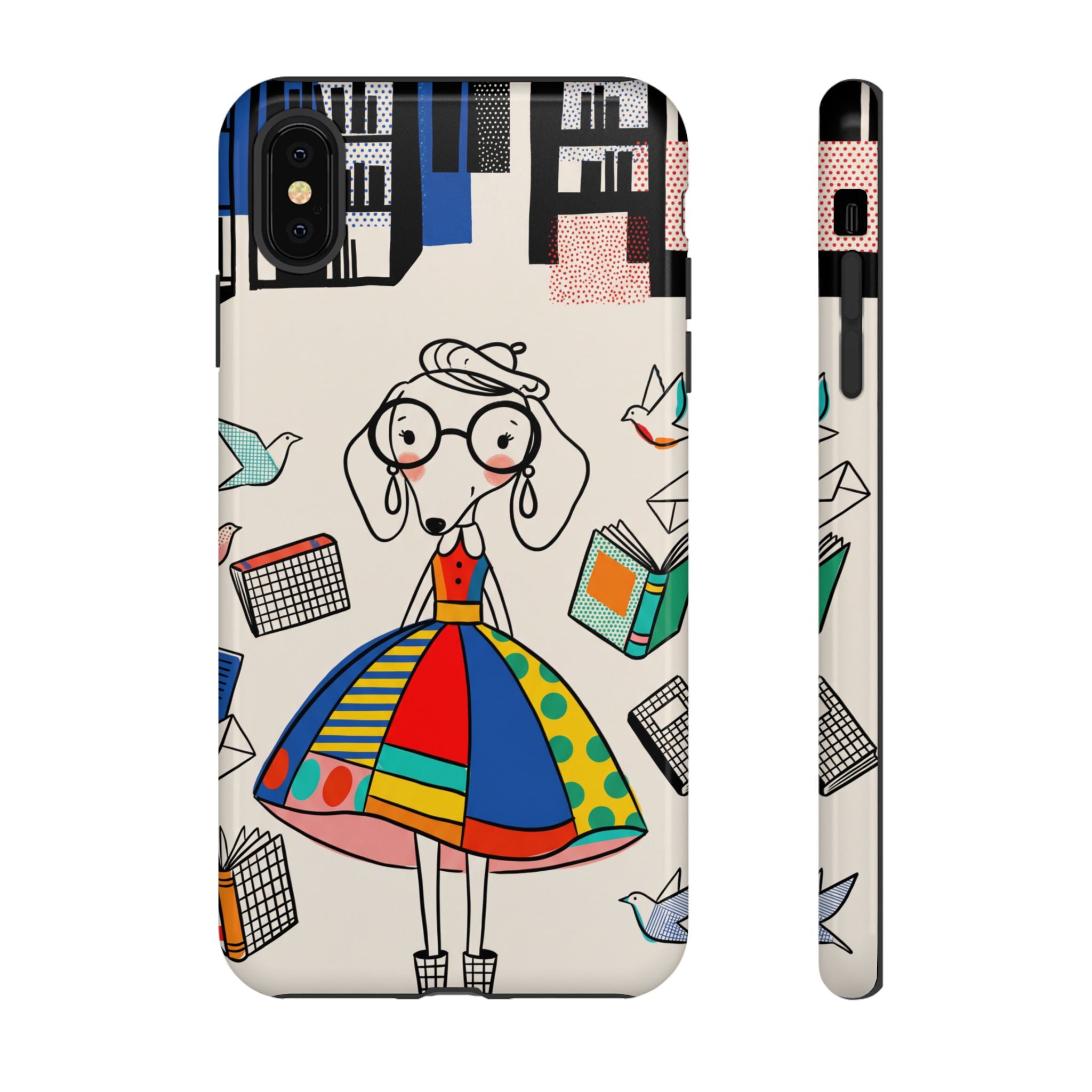 Cute Dachshund Dog Illustration iPhone Case | Colorful Whimsical Book & Bird Design