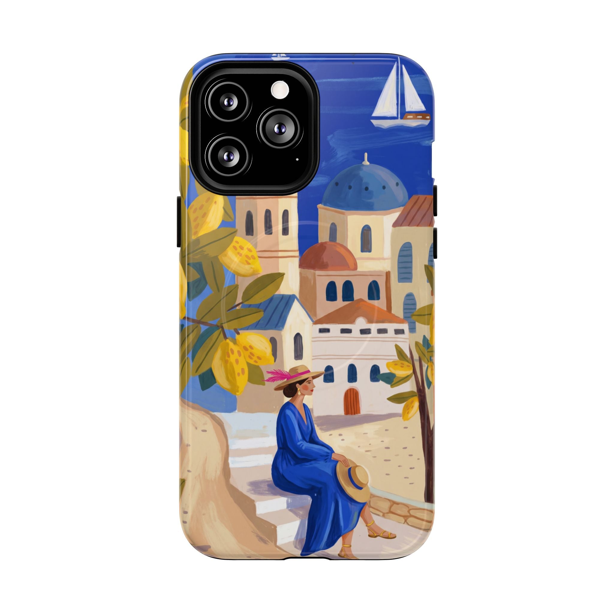 Mediterranean Village MagSafe iPhone Case | Scenic Sailboat & Lemon Grove Design