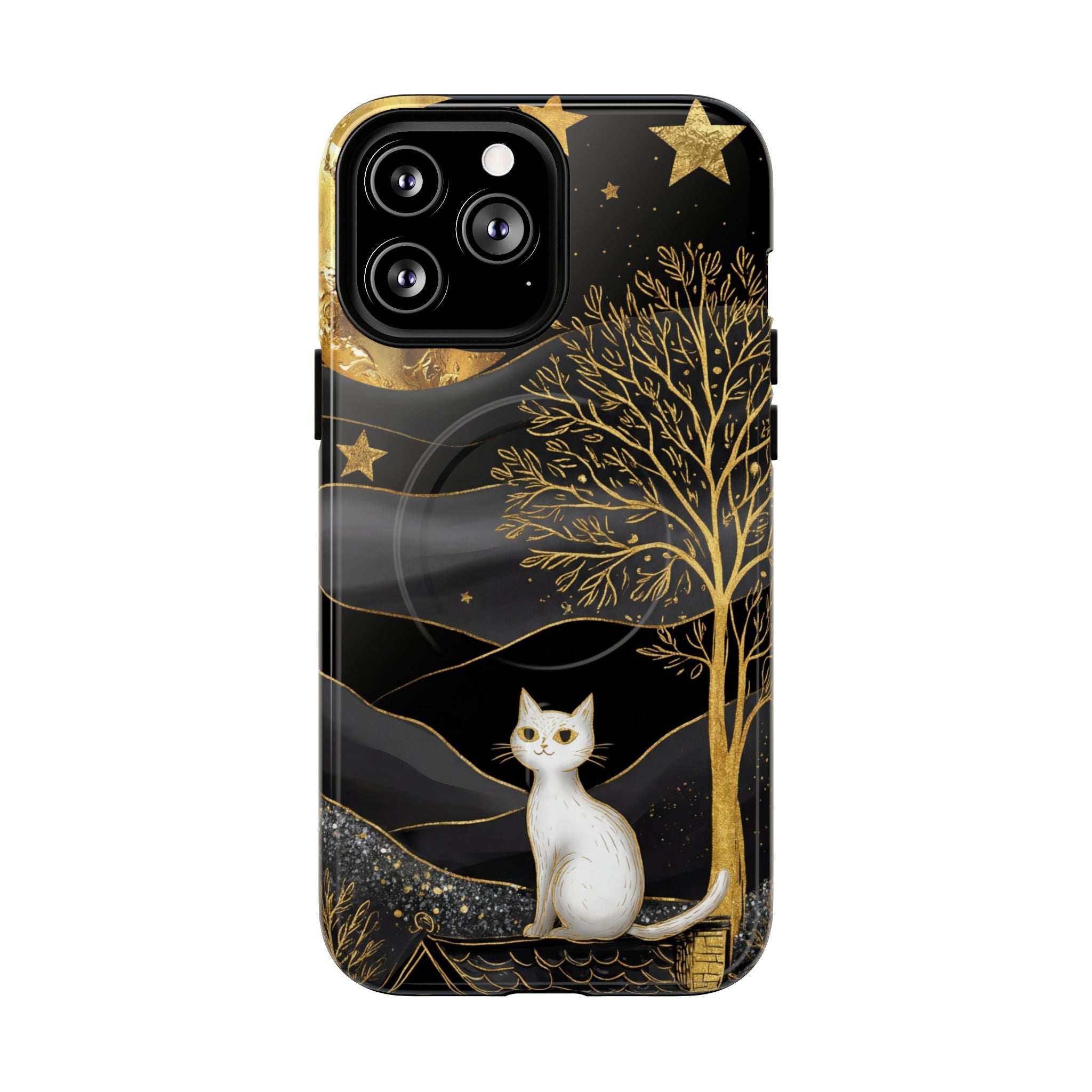 Custodia per iPhone Moonlit Cat | Custodia resistente MagSafe nera e oro
