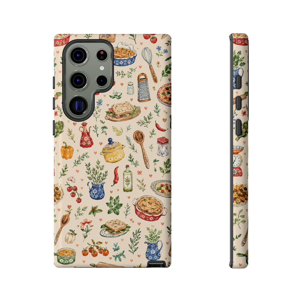 Kitchen Pattern Samsung Galaxy Phone Case | Cute Watercolor Cooking & Herbs Protective Cover