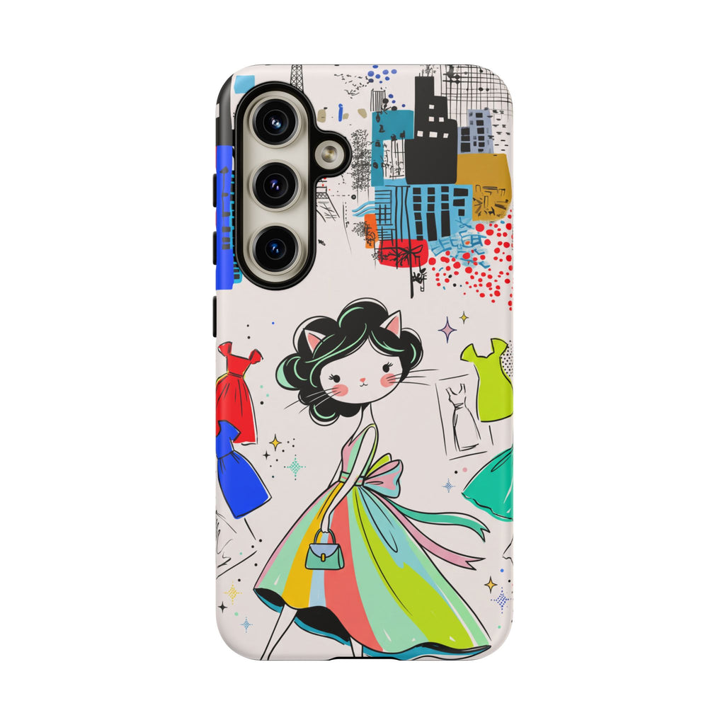 Retro Fashion Cat Girl Samsung Galaxy Phone Case | Cute Dress & City Print
