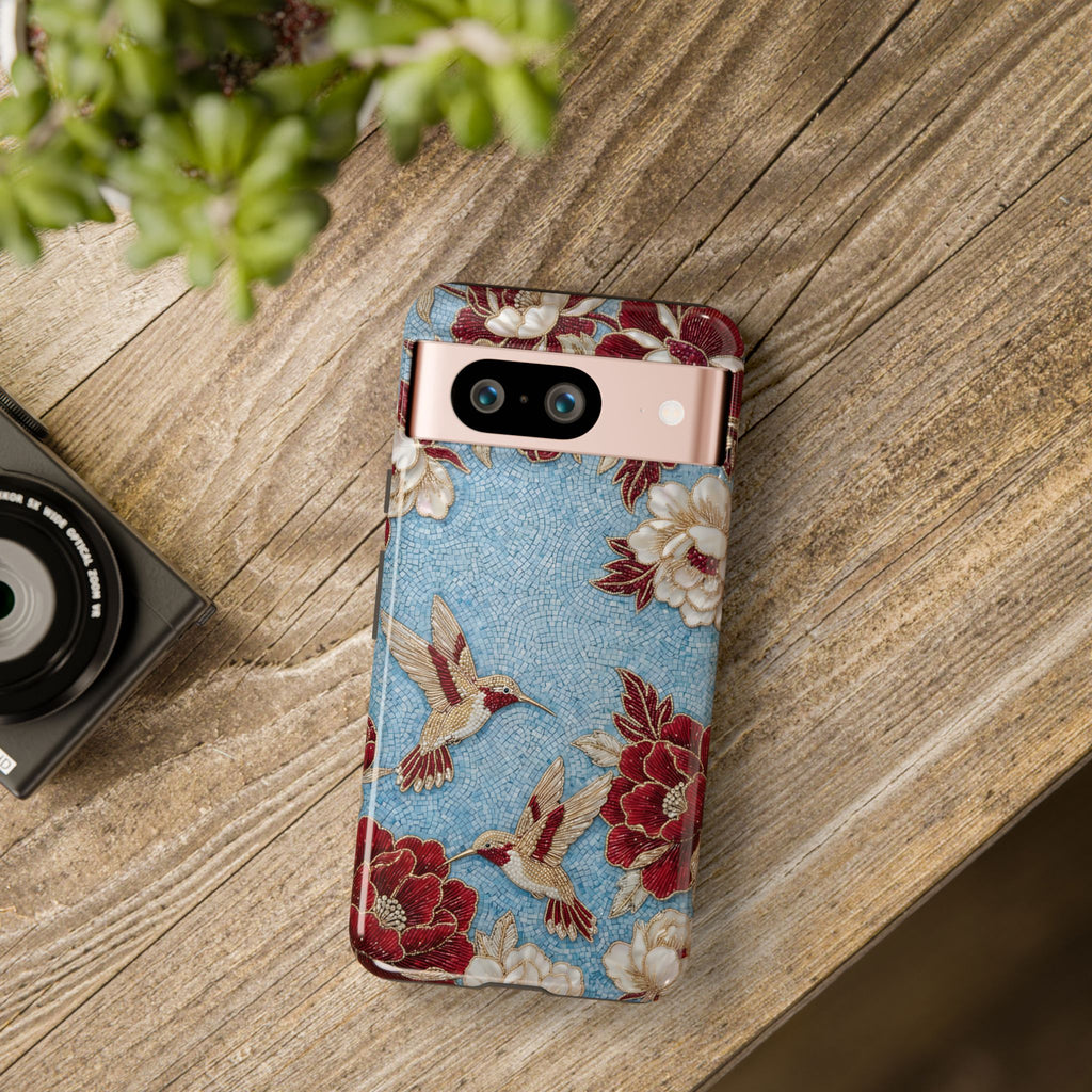 Cover Rigida per Google Pixel Colibrì Floreale | Design Botanico Vintage Blu e Borgogna