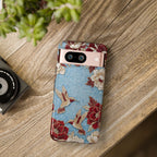 Cover Rigida per Google Pixel Colibrì Floreale | Design Botanico Vintage Blu e Borgogna