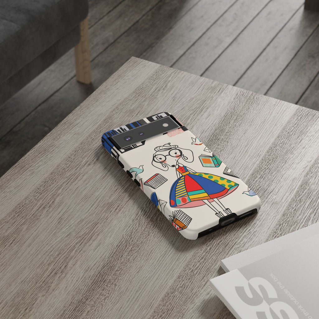 Illustrazione di un simpatico bassotto per cover Google Pixel | Design colorato e fantasioso con libri e uccellini