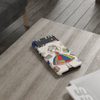 Illustrazione di un simpatico bassotto per cover Google Pixel | Design colorato e fantasioso con libri e uccellini