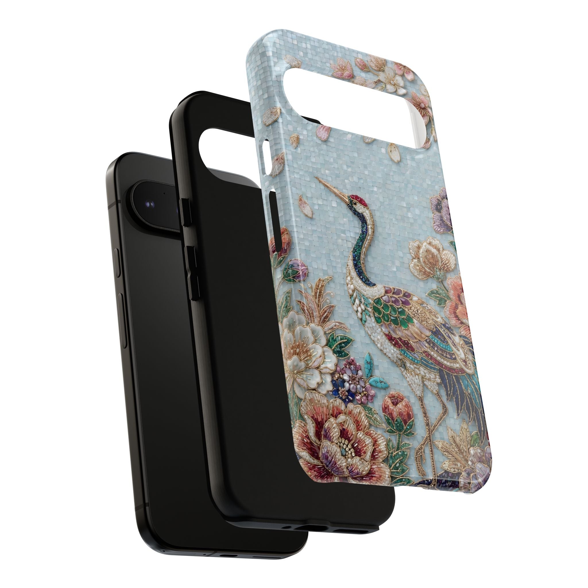 Floral Crane Tough Google Pixel Phone Case | Vintage Embroidered Bird Protection