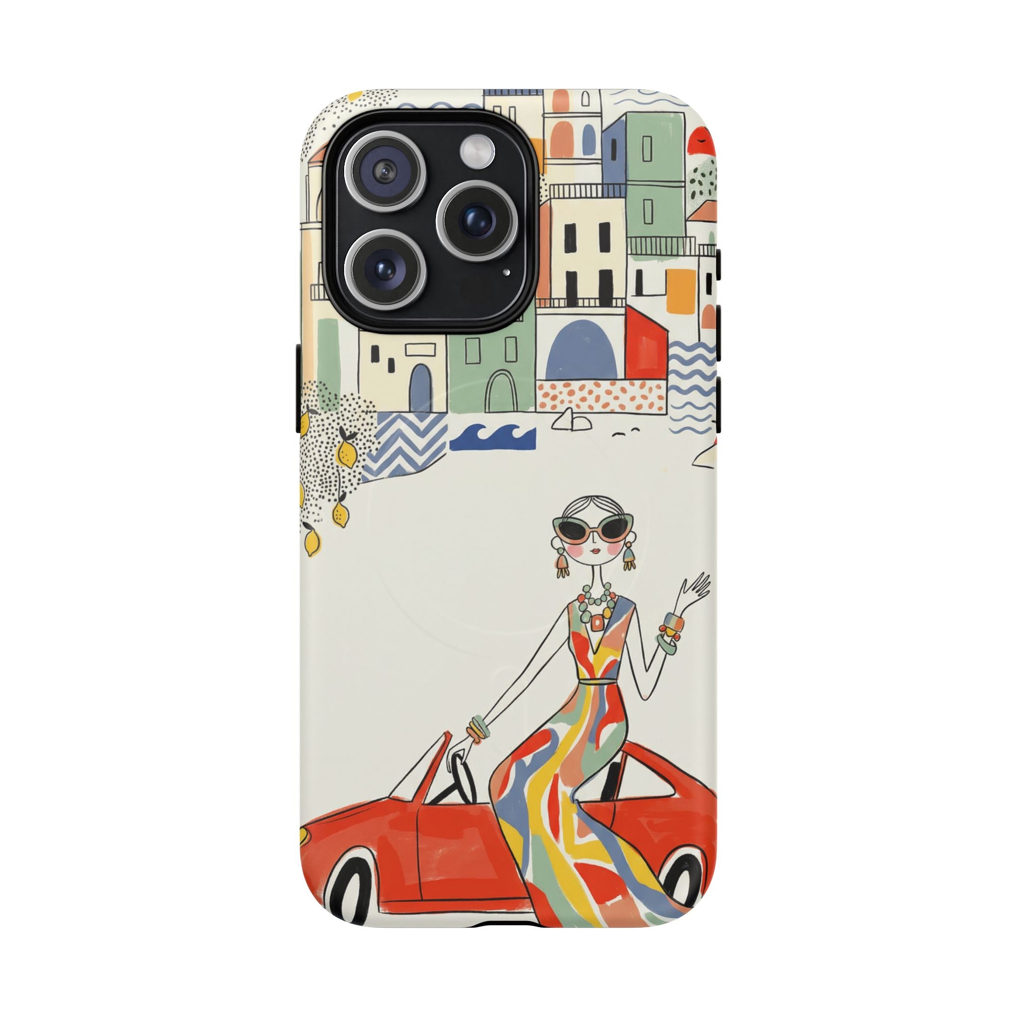 Stylish Riviera MagSafe iPhone Case | Chic Retro Woman in Convertible Design