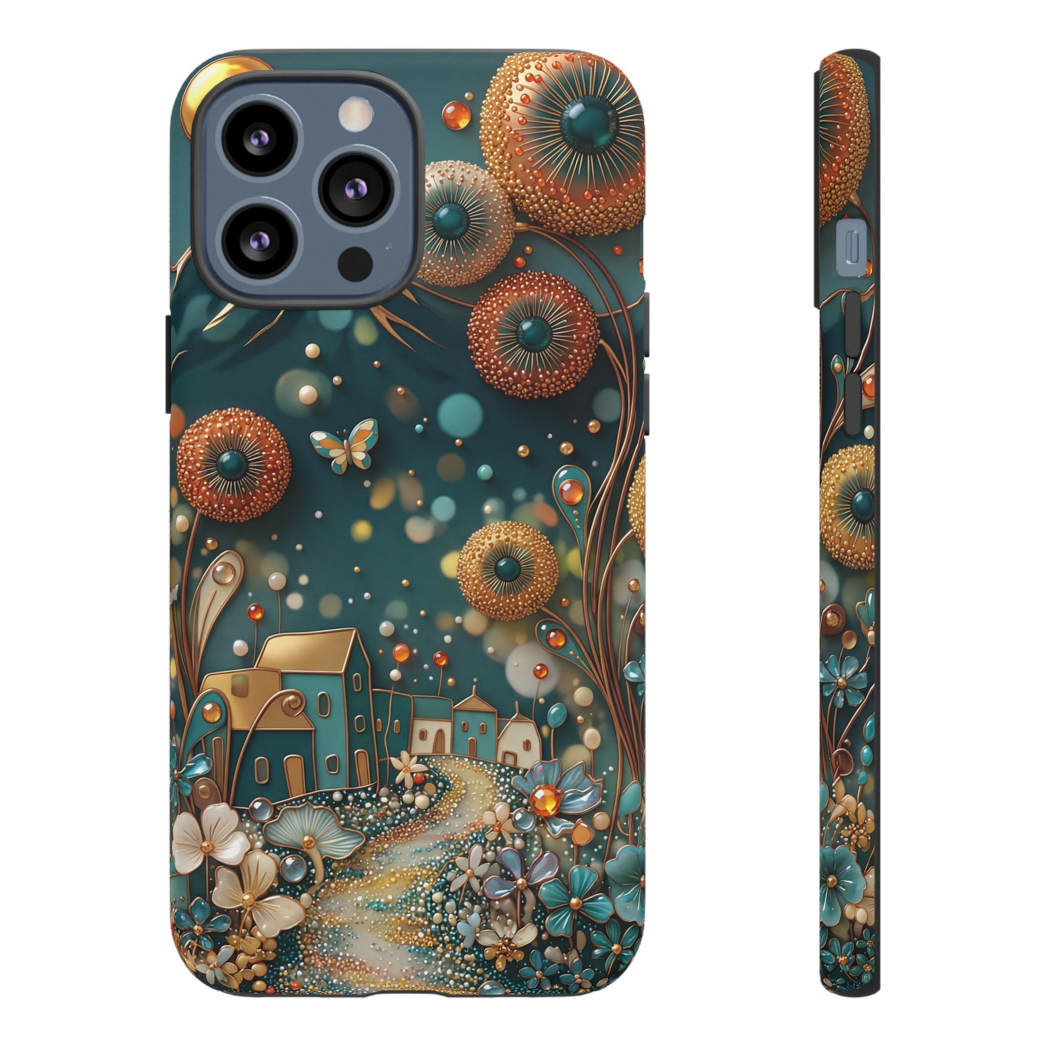 Whimsical Night Village iPhone Case | Floral Moonlit Art Tough Case