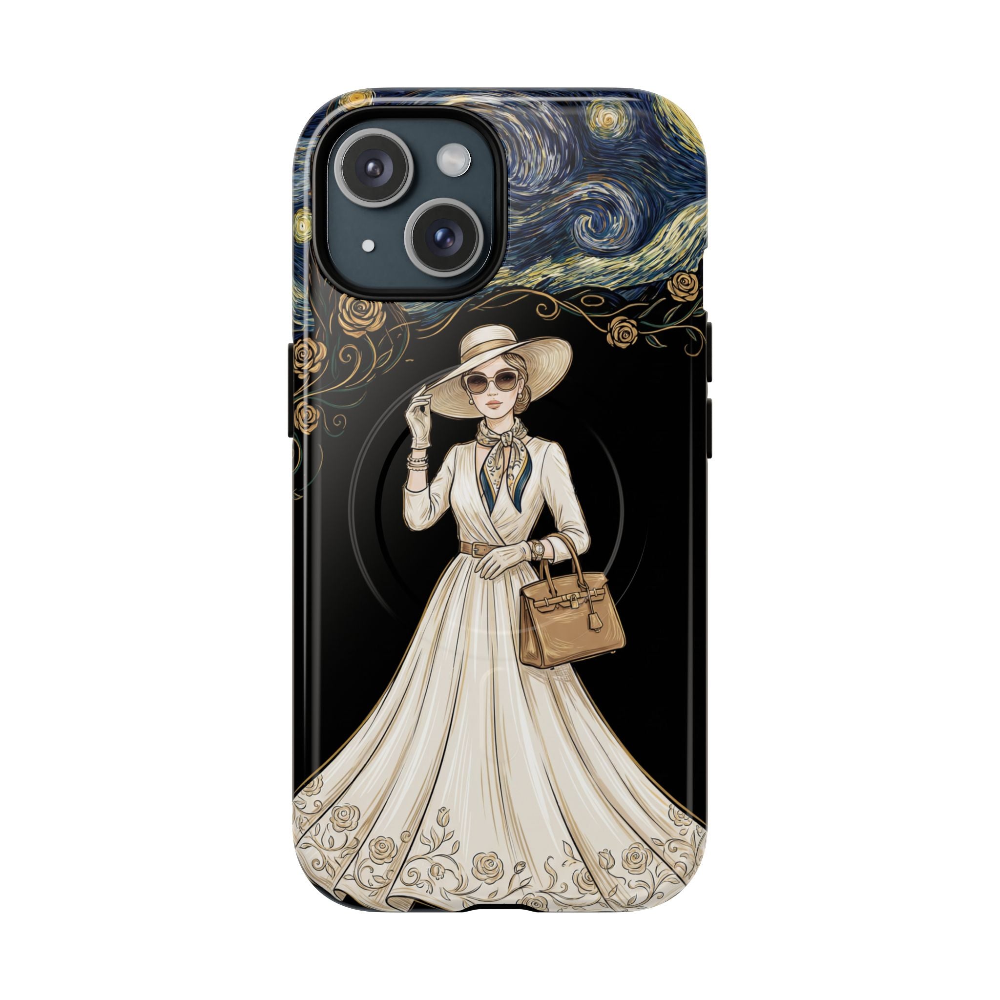 Vintage Starry Night Fashion MagSafe iPhone Case | Elegant Lady in White Dress