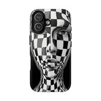 Checkerboard Face Tough iPhone Case — Black & White Surreal Art Protective Cover