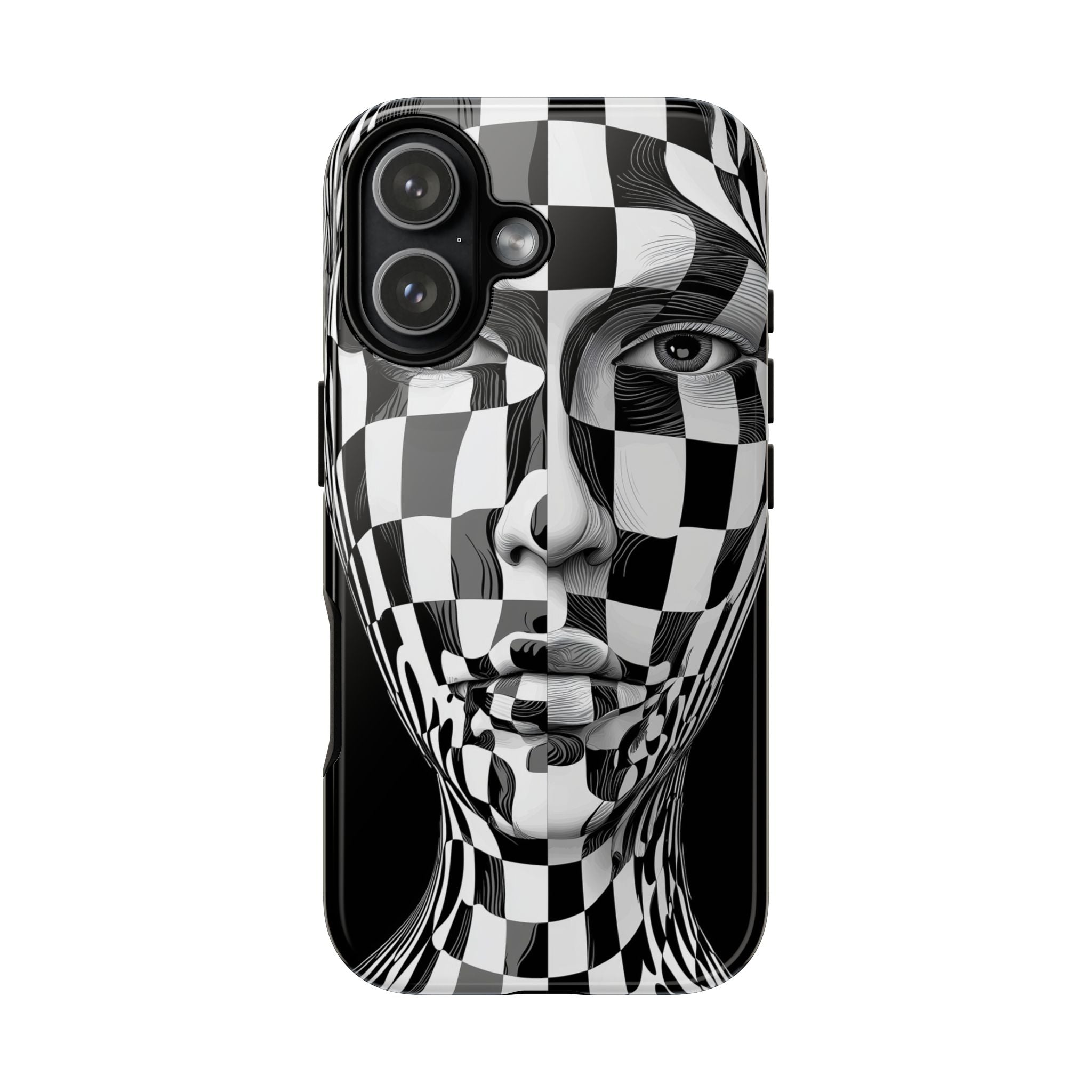 Checkerboard Face Tough iPhone Case — Black & White Surreal Art Protective Cover