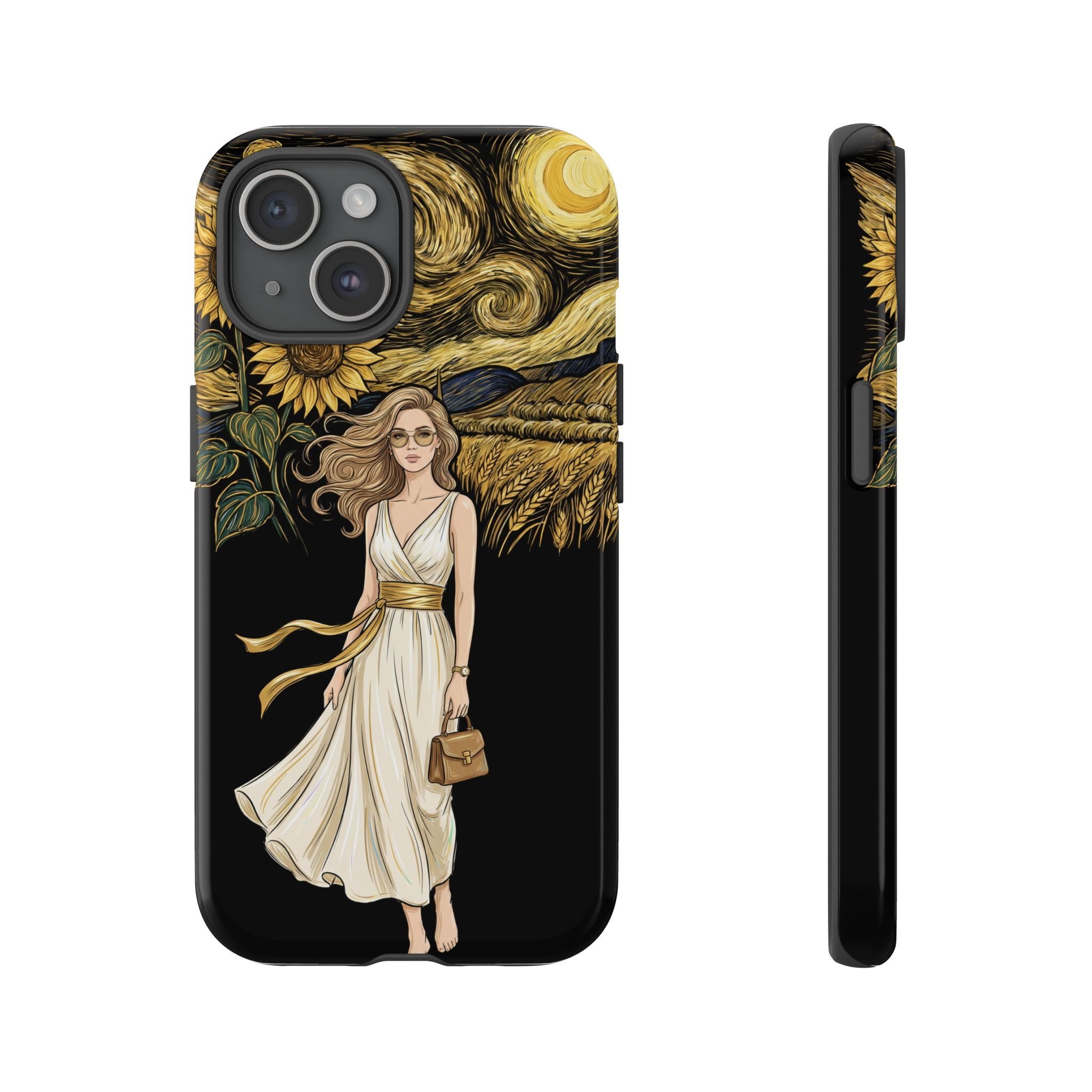 Sunflower Night iPhone Case | Woman in Flowing Dress Van Gogh Style