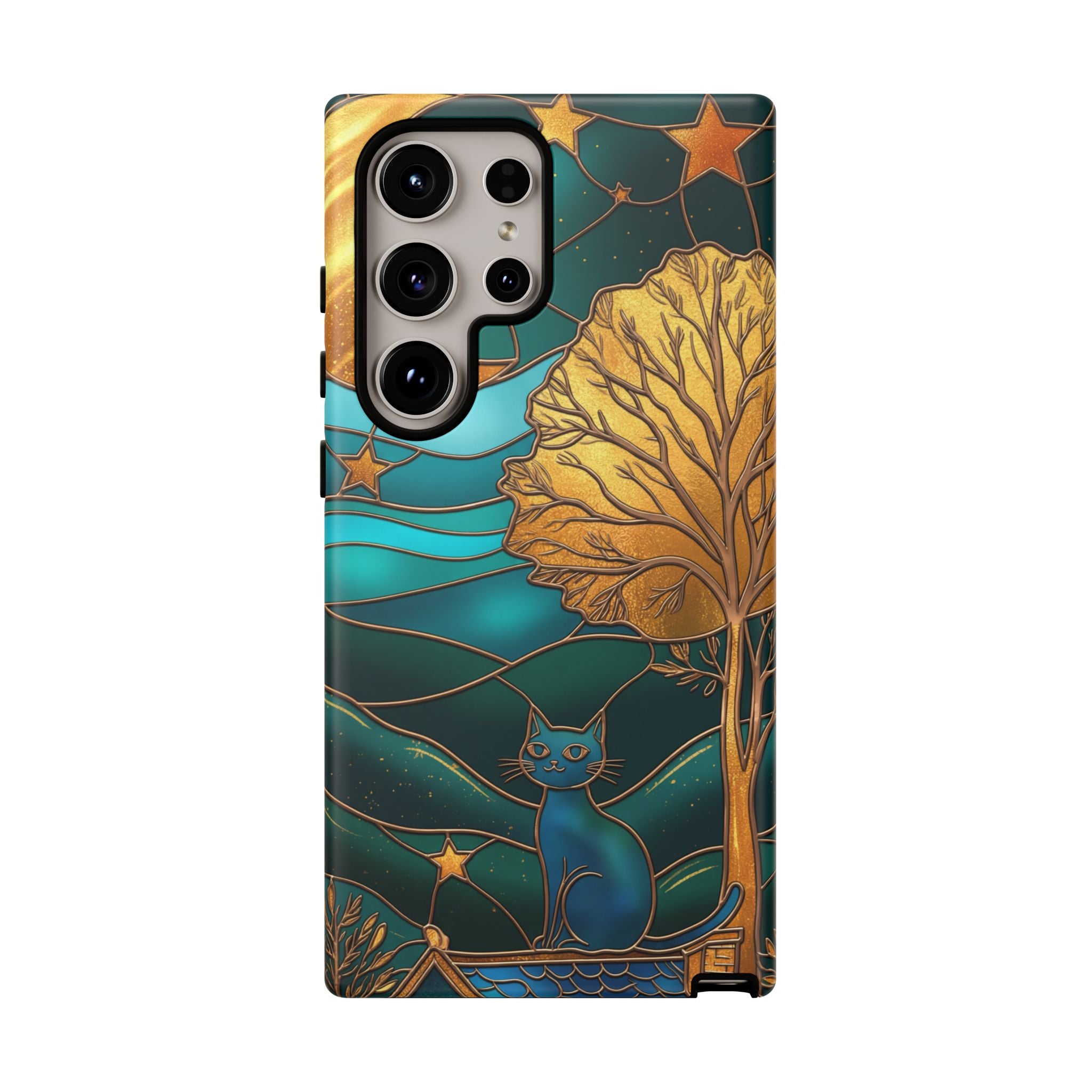 Stained Glass Cat Tough Samsung Galaxy Case | Gold Tree & Starry Night Design