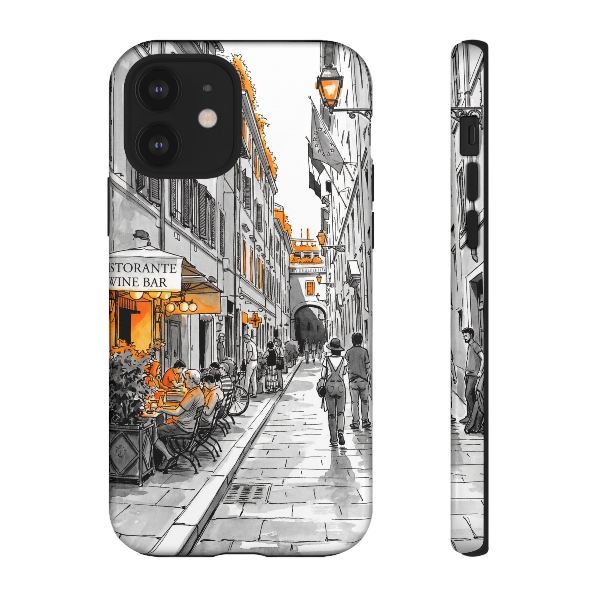 Vintage Italy Street iPhone Case | Black & White Sketch with Orange Accent