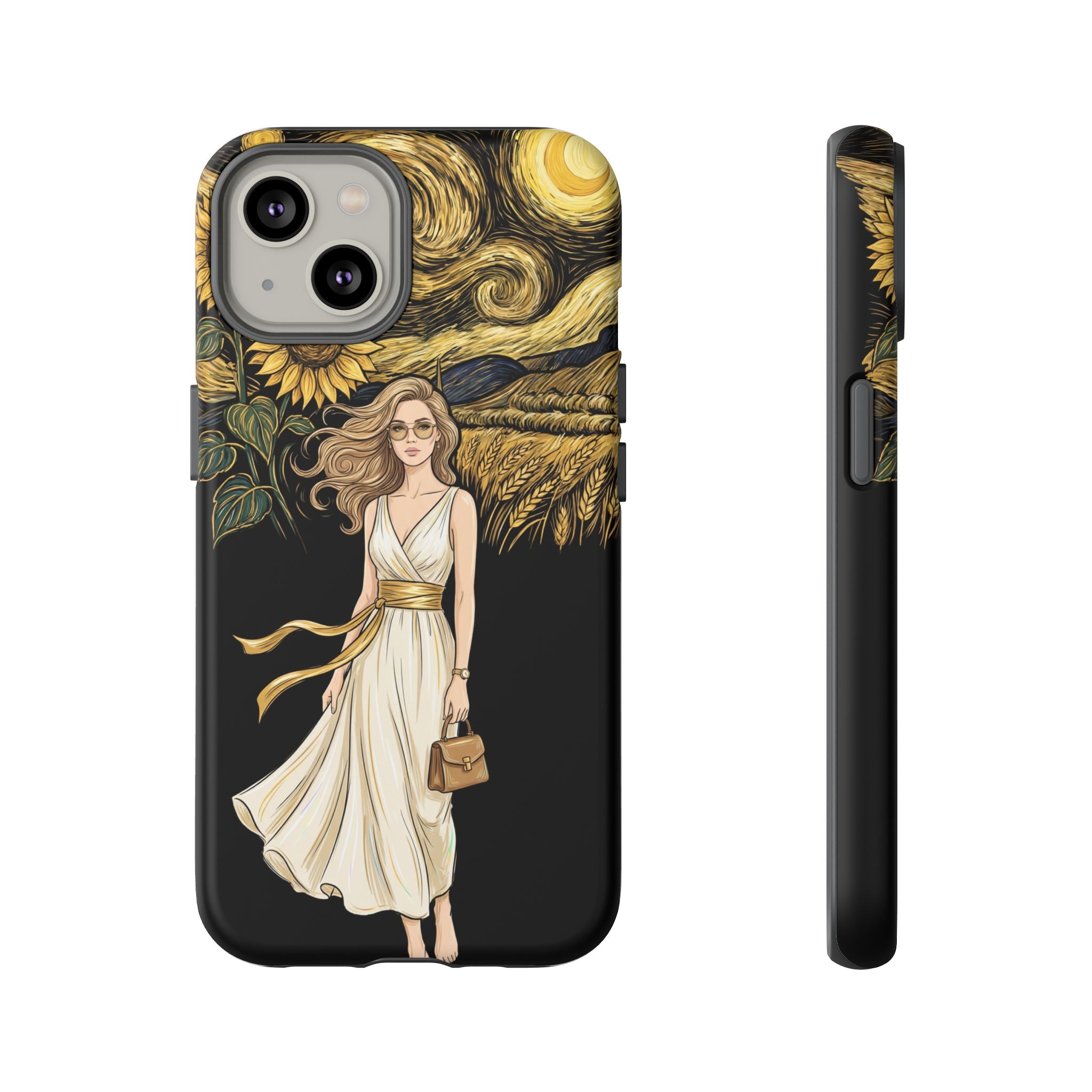 Sunflower Night iPhone Case | Woman in Flowing Dress Van Gogh Style