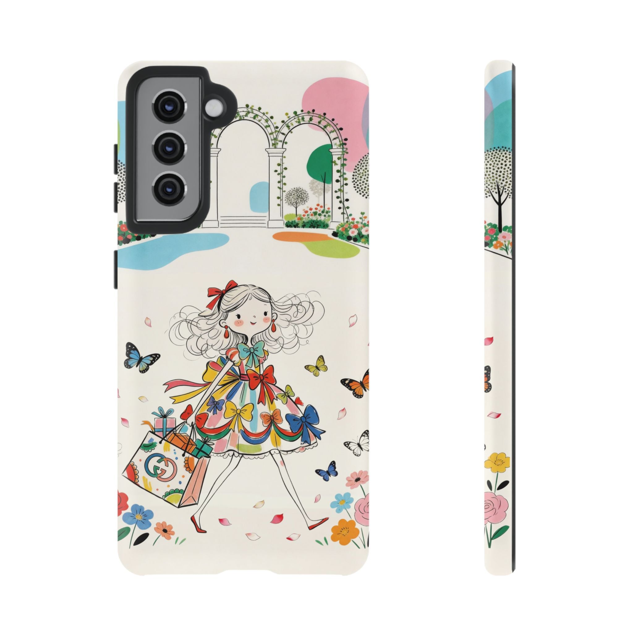 Whimsical Shopping Girl Samsung Galaxy Phone Case | Cute Floral Butterfly Tough Case