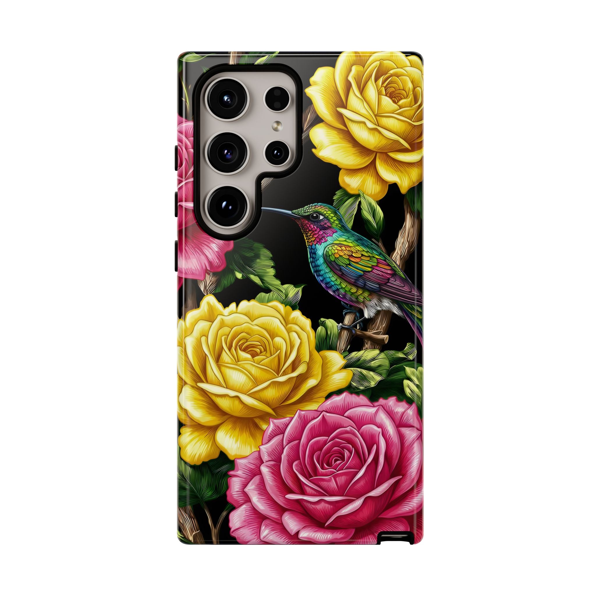 Floral Hummingbird Tough Samsung Galaxy Phone Case | Vibrant Rose & Yellow Garden Protection