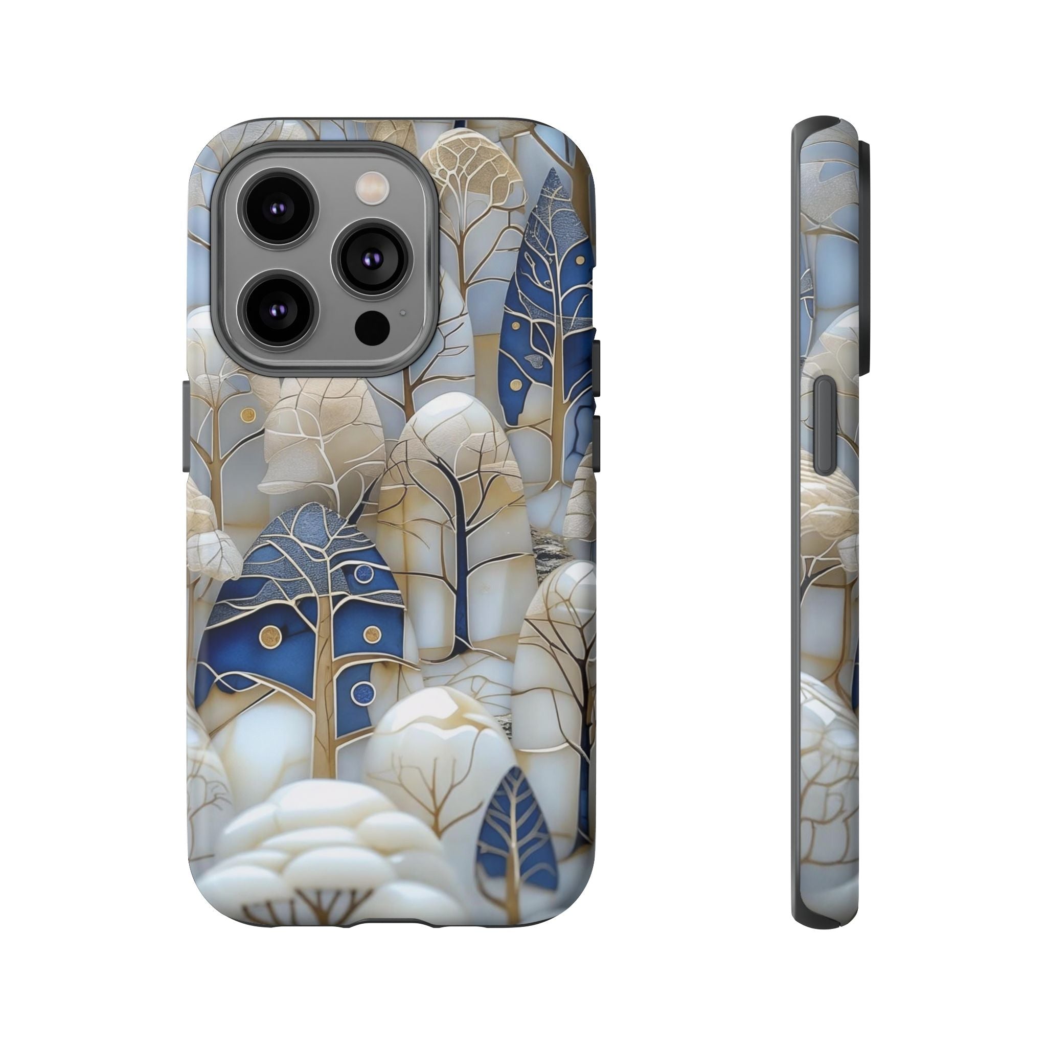 Blue Gold Winter Forest iPhone Case — Elegant Tree Pattern Tough Case