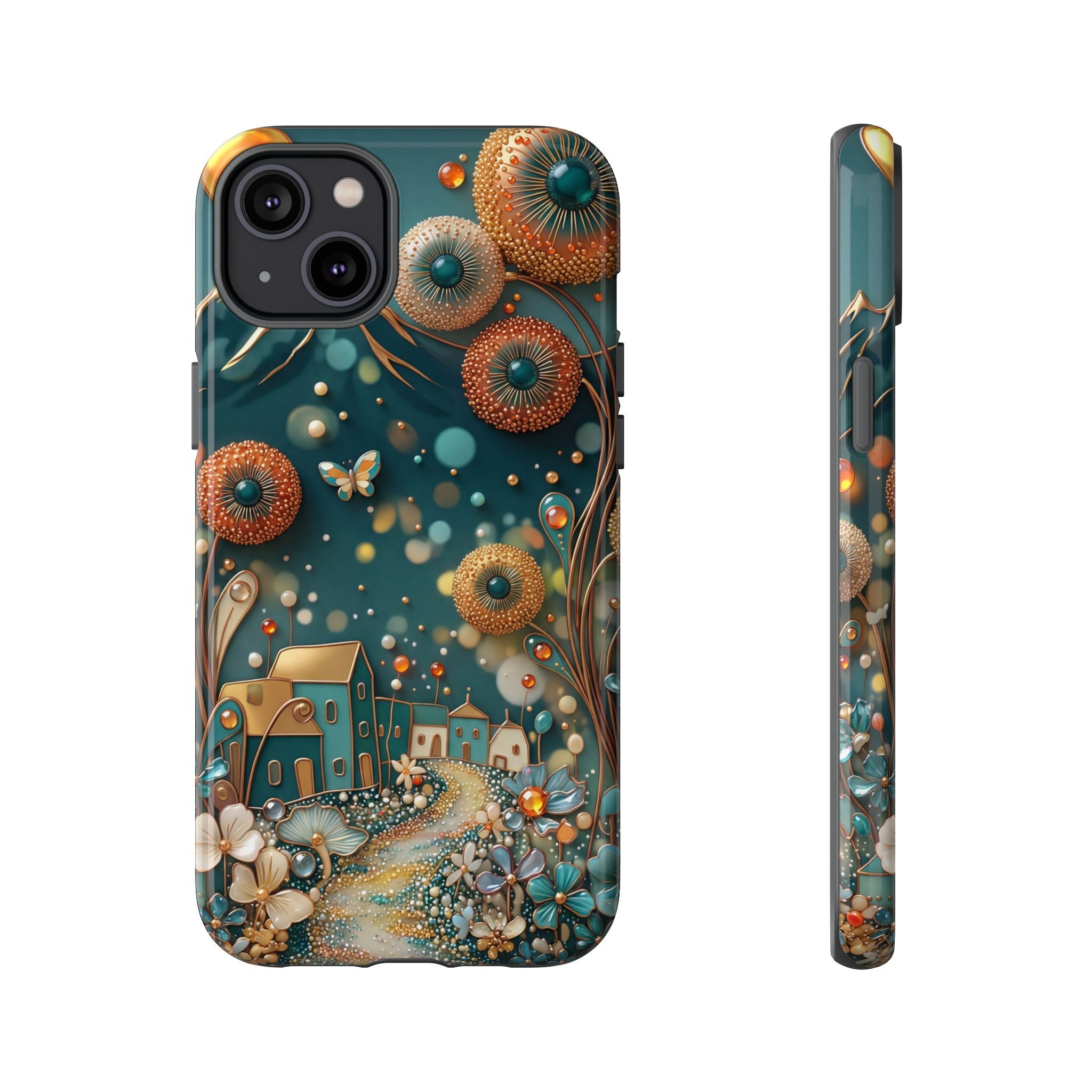 Whimsical Night Village iPhone Case | Floral Moonlit Art Tough Case