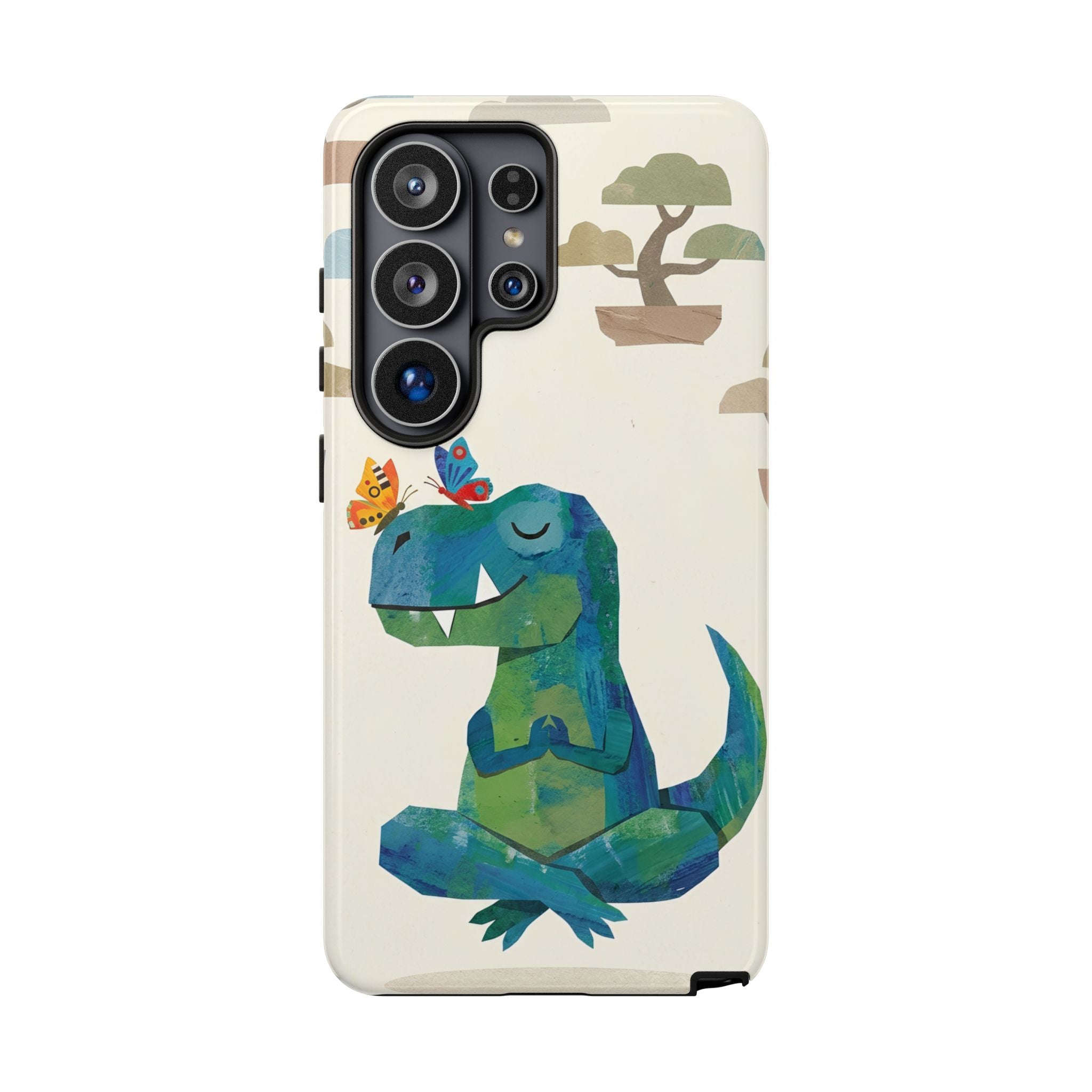 Meditating Dinosaur Samsung Galaxy Phone Case | Cute T-Rex with Butterflies and Bonsai