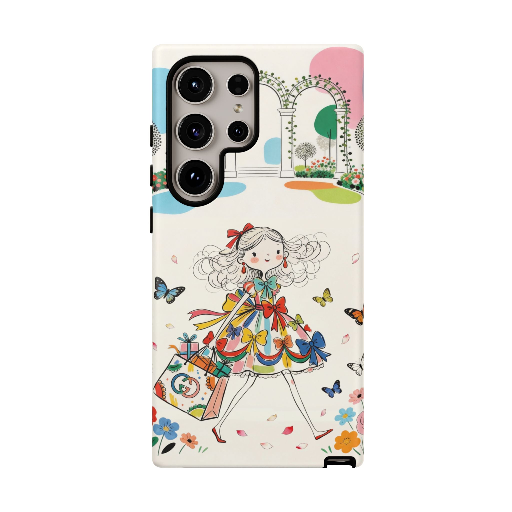 Whimsical Shopping Girl Samsung Galaxy Phone Case | Cute Floral Butterfly Tough Case