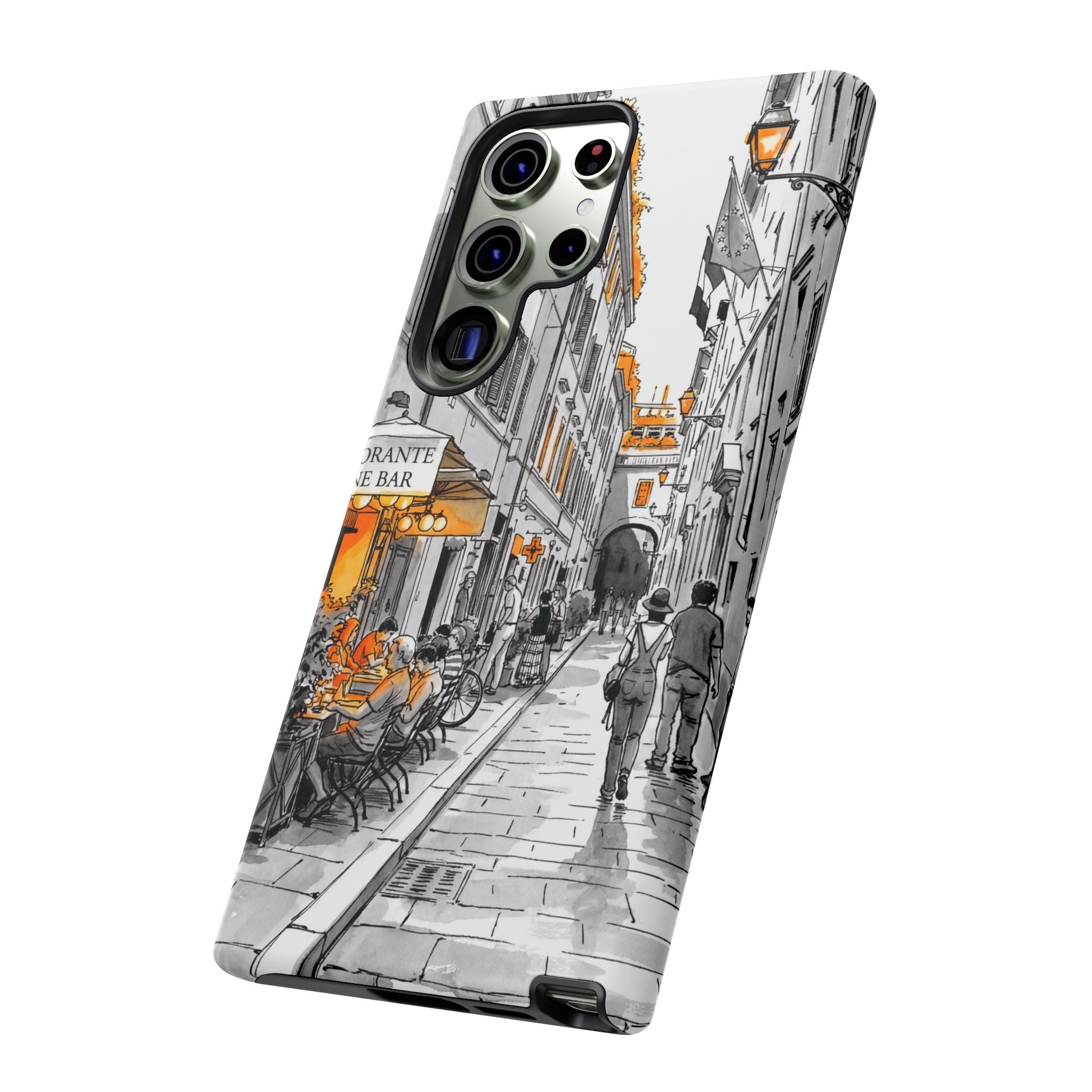Italy Street Samsung Galaxy Case | Black & White Cityscape with Orange Accents