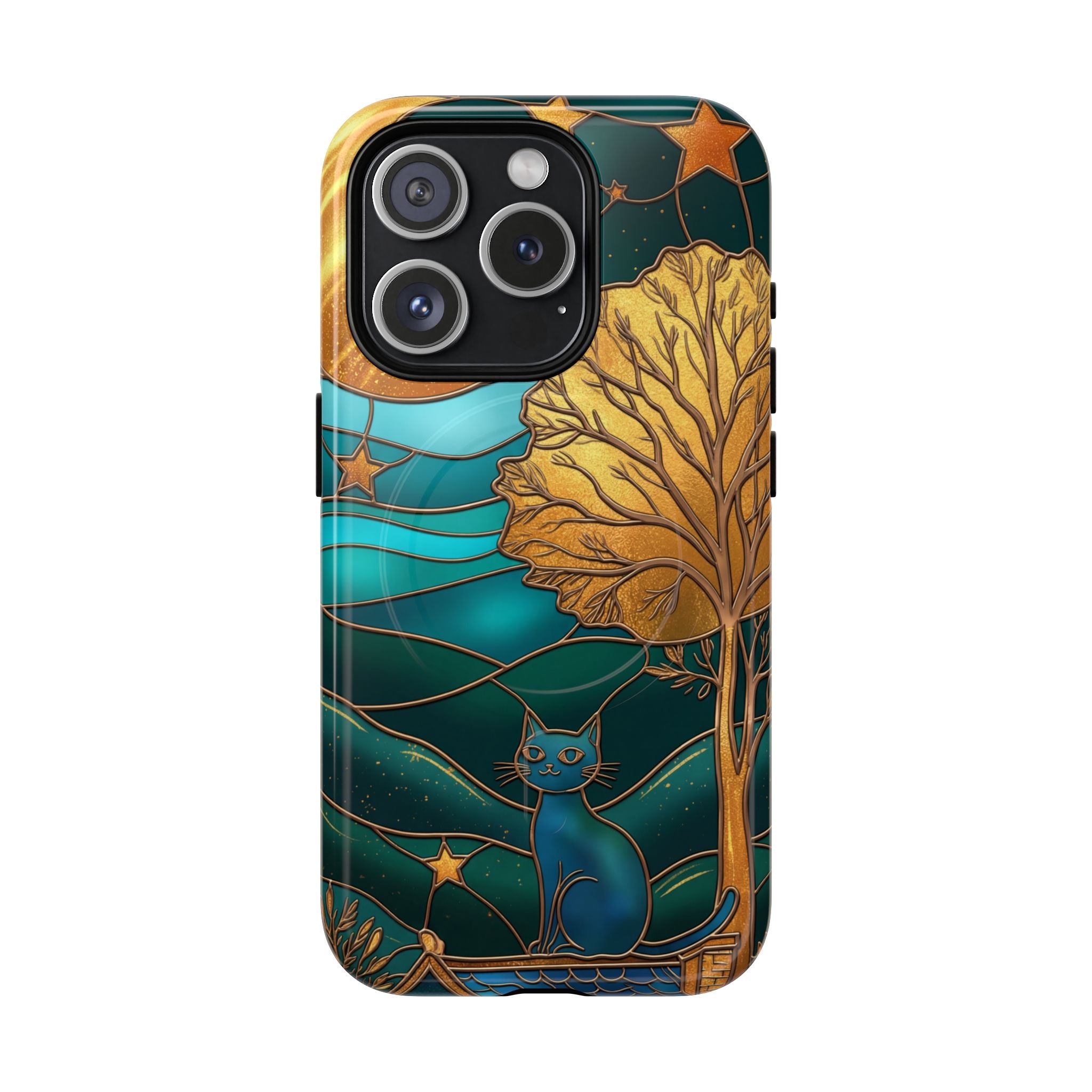 Art Nouveau Cat iPhone Case | Stained Glass Moon & Tree Tough MagSafe Case