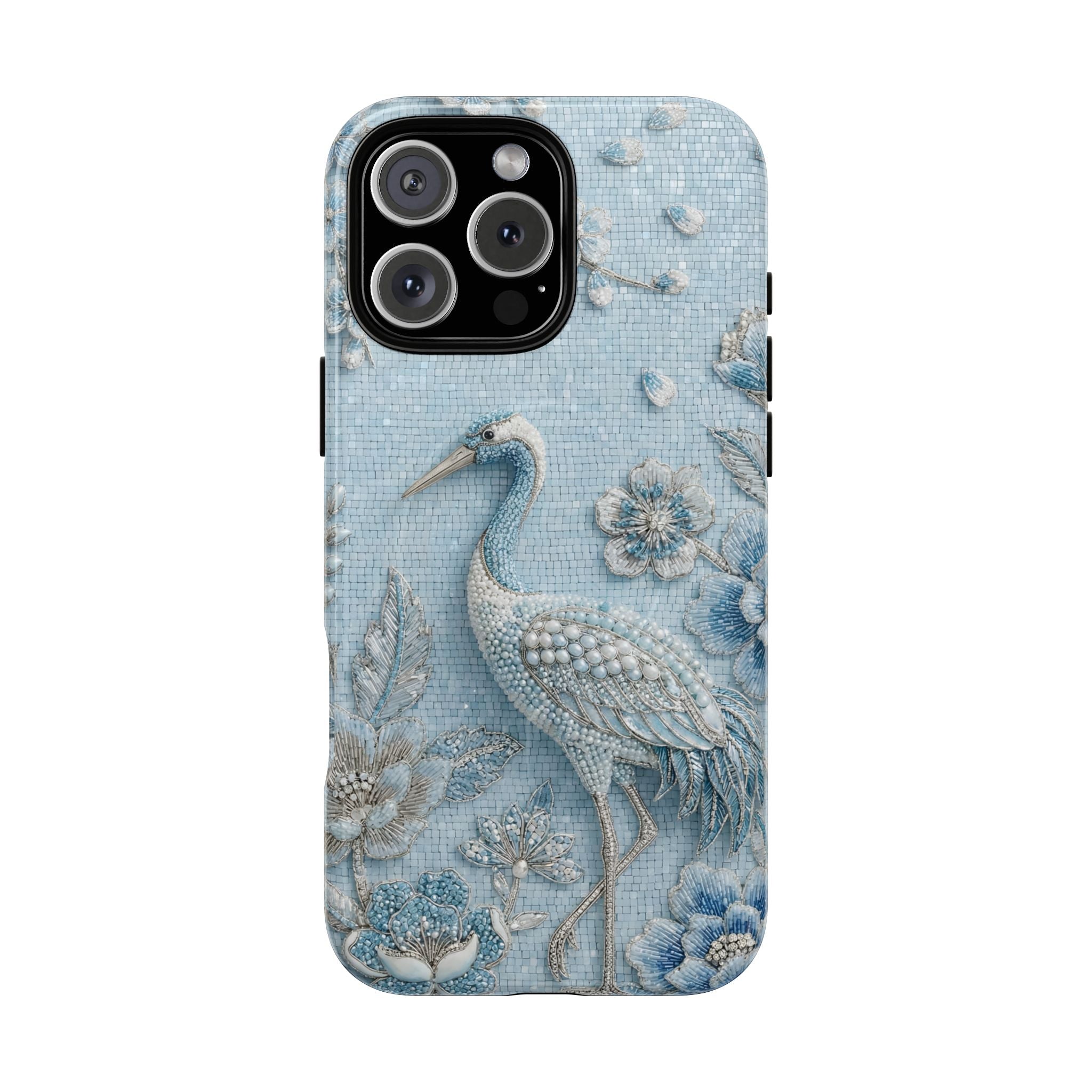 Blue Crane Floral MagSafe iPhone Case | Vintage Embossed Bird Design