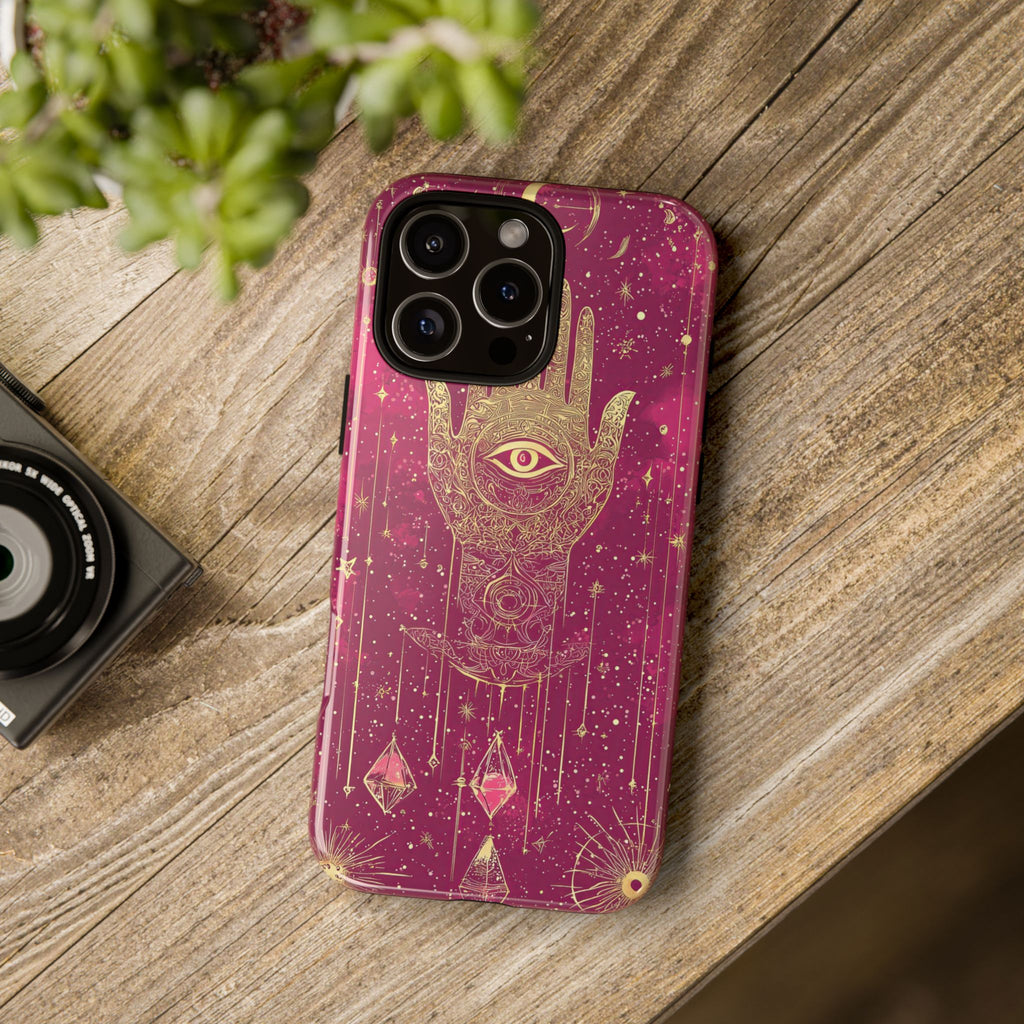 Mystic Hamsa iPhone Case | Gold Palm & All-Seeing Eye on Magenta Galaxy