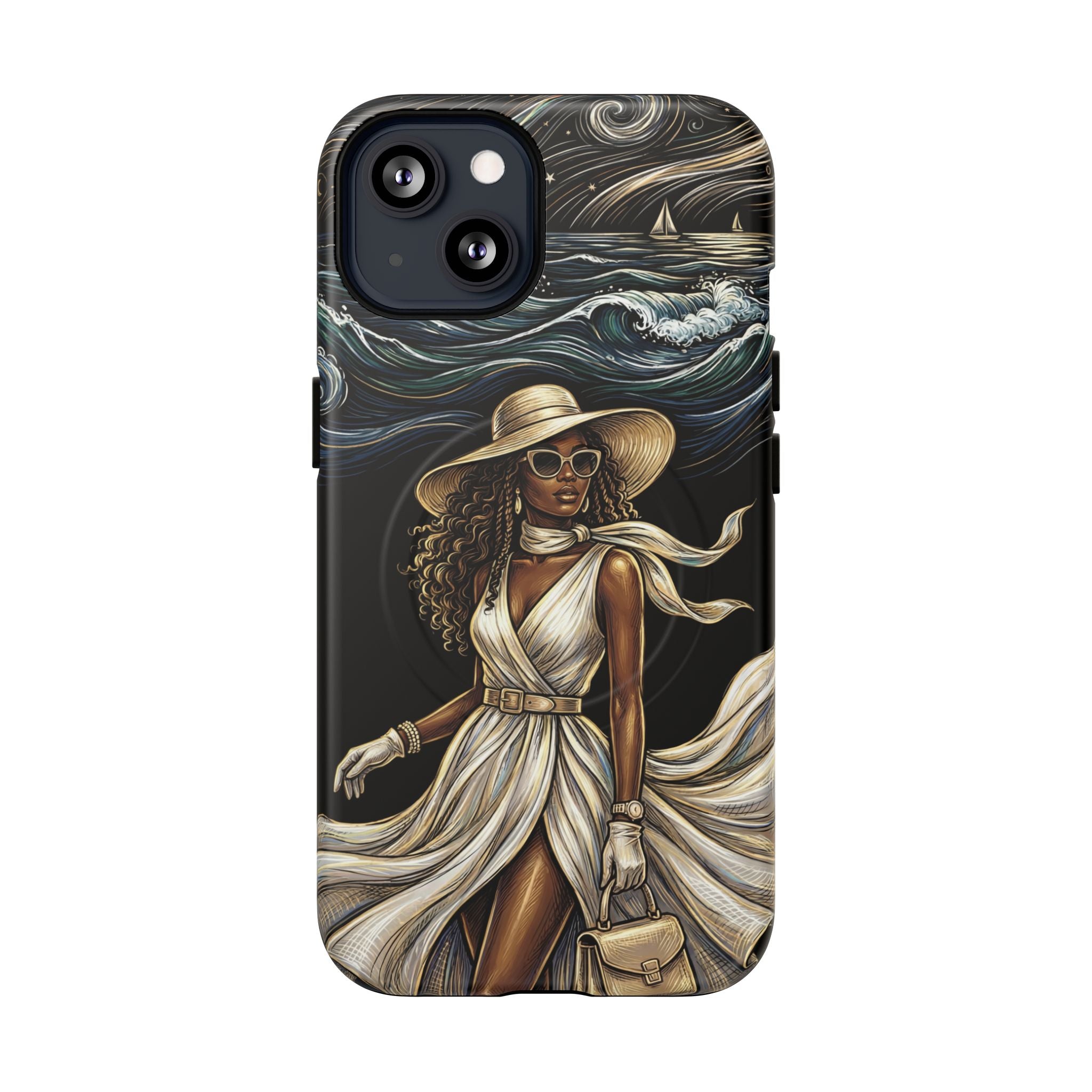 MagSafe iPhone Case | Elegant Black Woman in Flowing Dress by the Sea