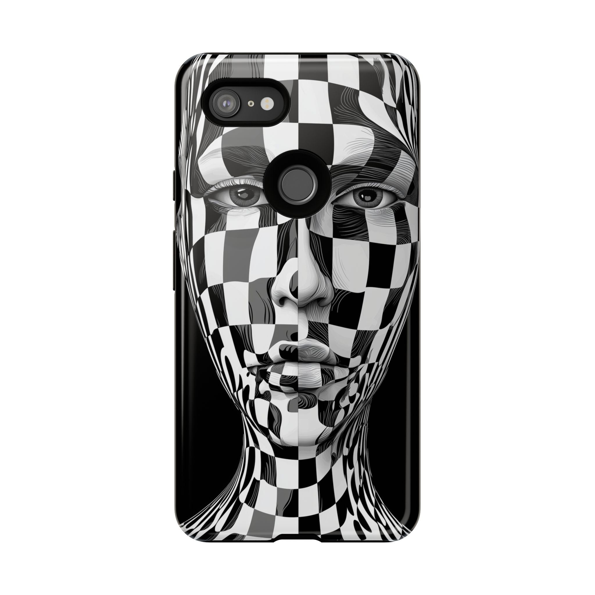 Checkerboard Face Tough Google Pixel Case — Black & White Surreal Art Protective Cover