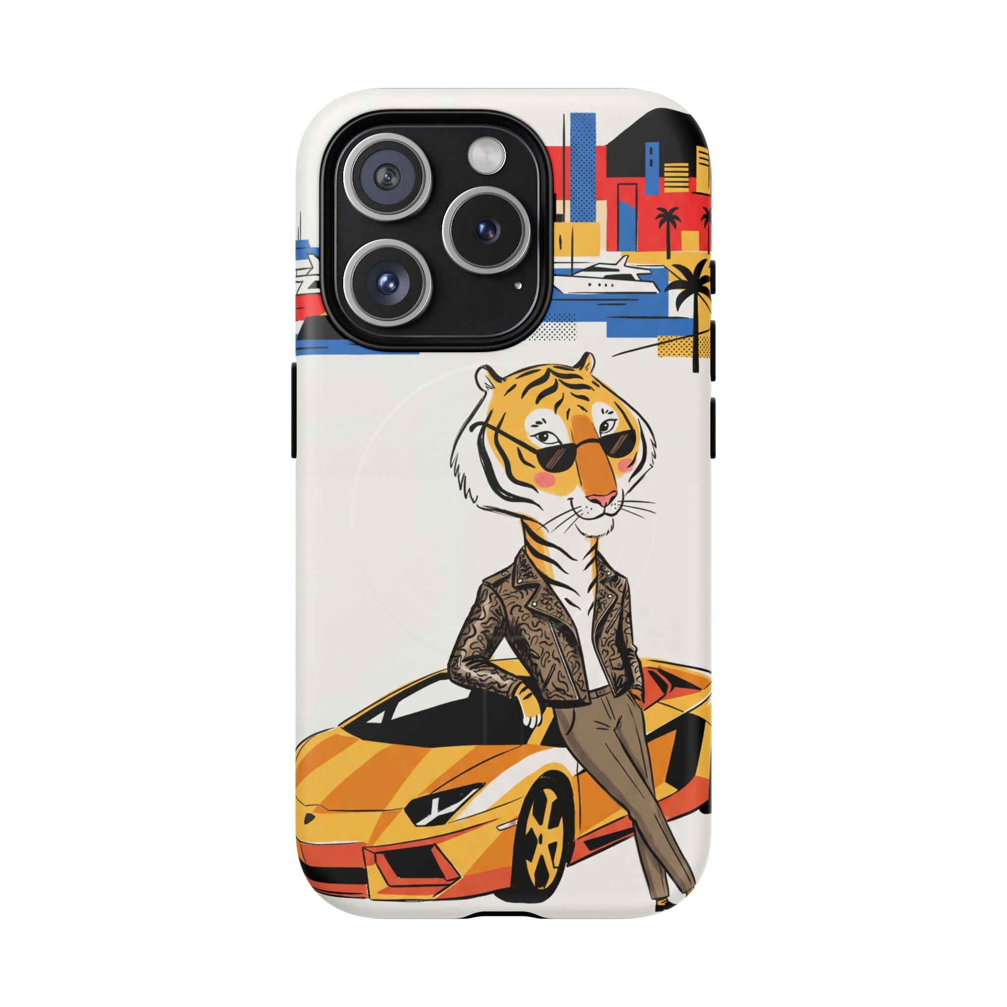 Stylish Tiger with Sports Car Illustration MagSafe iPhone Case