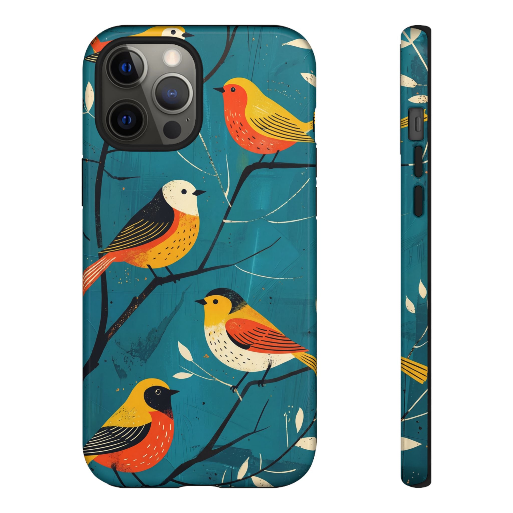 Bird Pattern Tough iPhone Case | Colourful Songbirds on Teal Background