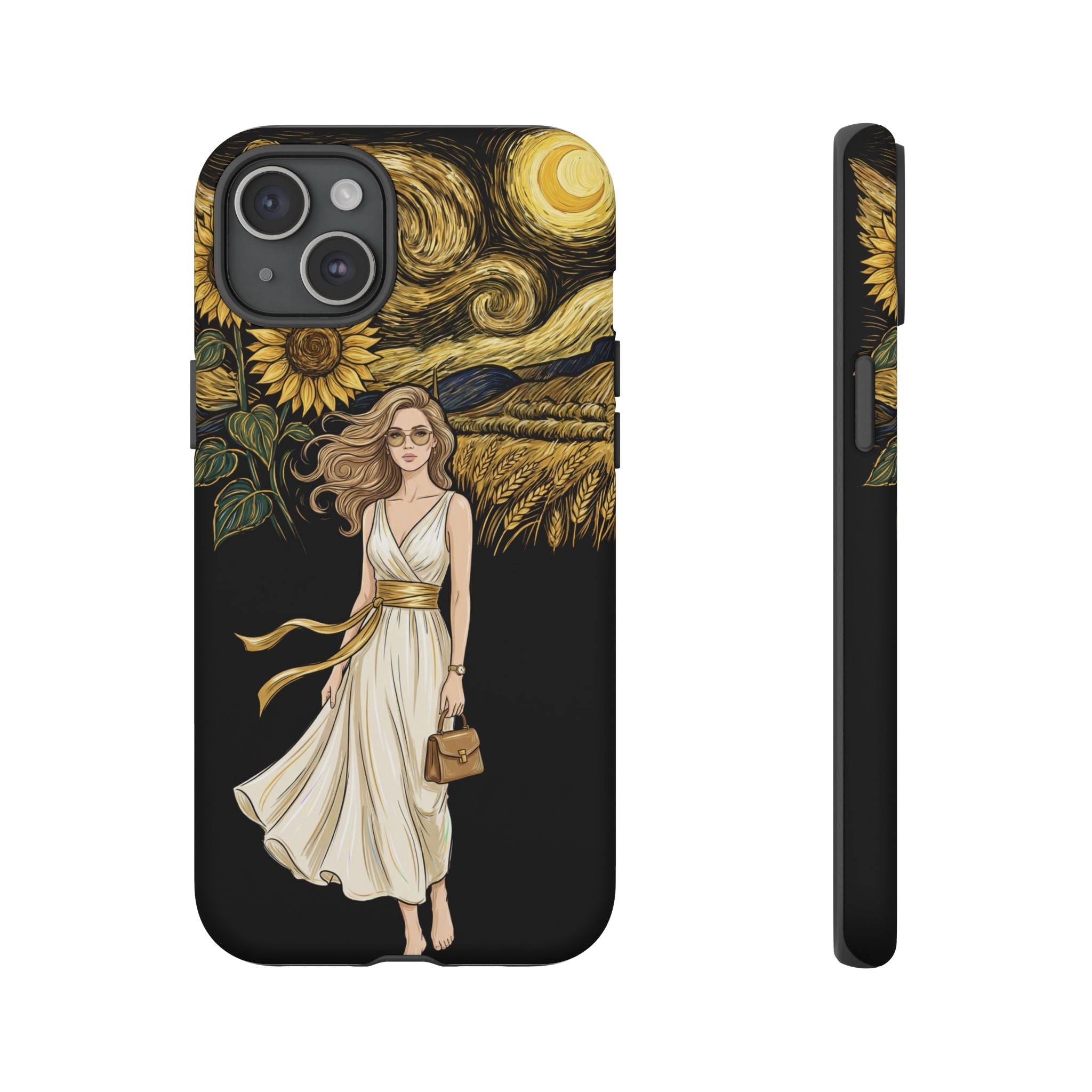 Sunflower Night iPhone Case | Woman in Flowing Dress Van Gogh Style